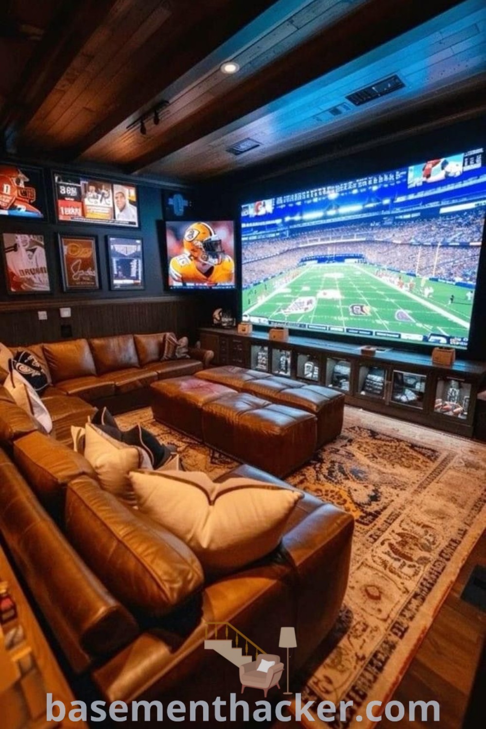 A creative living room in a basement with comfortable couches and ceiling-mounted televisions, showcasing innovative basement makeover ideas for a stylish space. Ideal for a man cave or family cave, this design offers amazing options for cozy gatherings and entertainment. Find more inspiration at basementhacker.com.