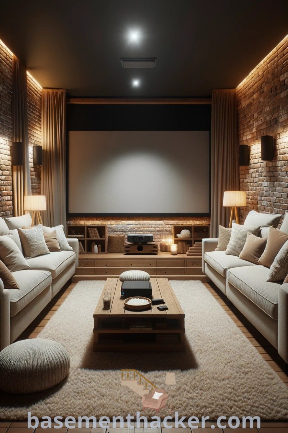A cozy living room with two couches and a coffee table facing a large screen, showcasing stylish home cinema lighting and innovative ideas for designing a movie projector living room. Discover awesome inspiration for basementhacker.com to upgrade your space for ultimate entertainment.