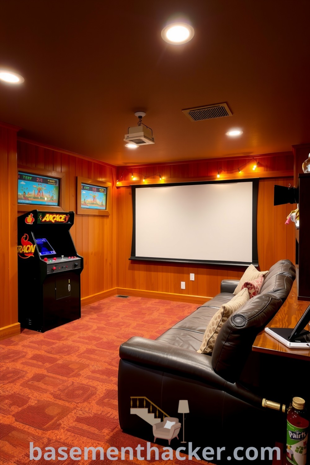 Inviting basement game room with warm wooden paneling, plush carpet, vintage arcade machine, leather sofa, and rustic bar, perfect for ultimate entertaining, showcased on basementhacker.com.