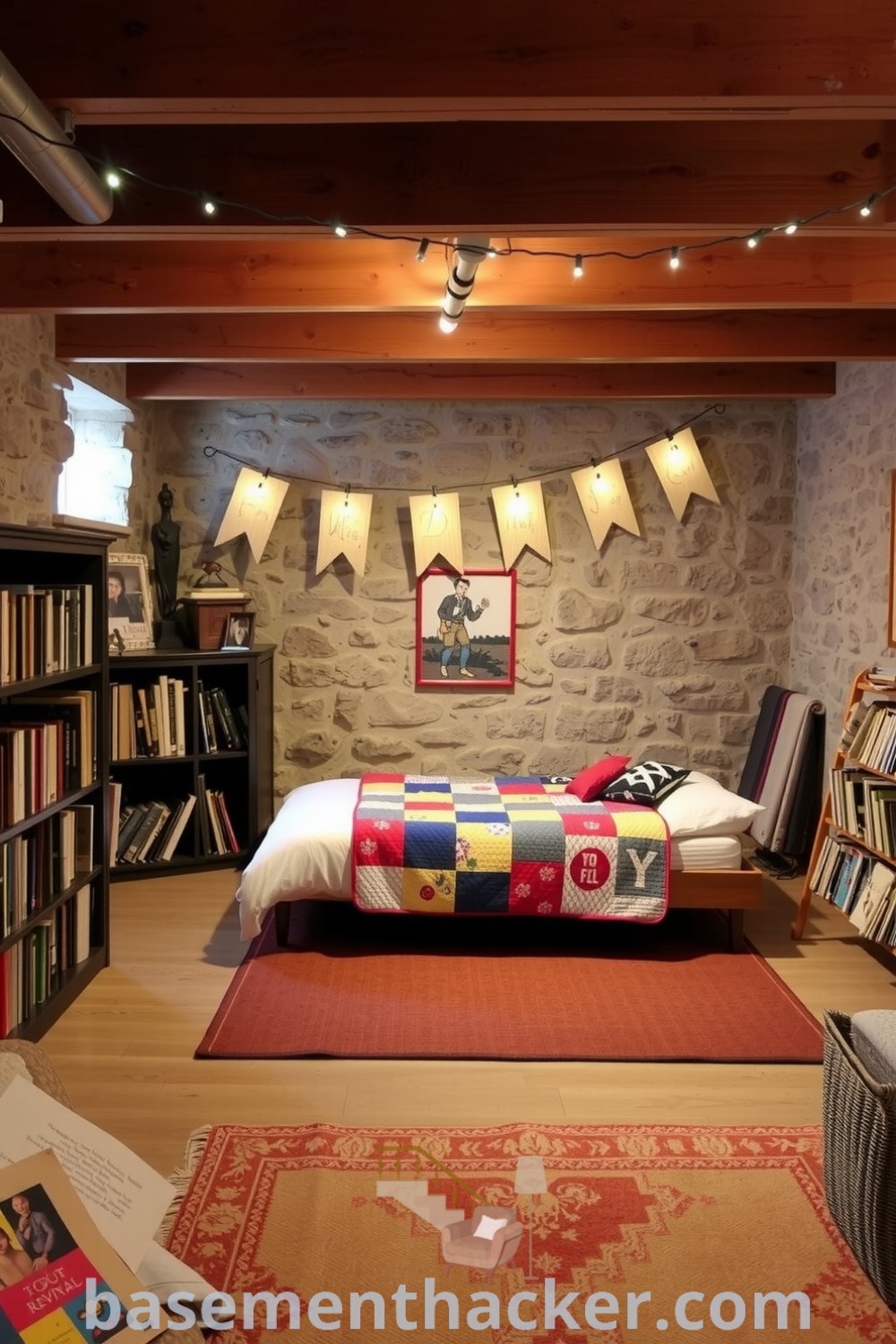 Cozy basement bedroom featuring warm wooden beams, rustic stone walls, patchwork quilt, and fairy lights, ideal for a stylish and functional home design, showcased on basementhacker.com.