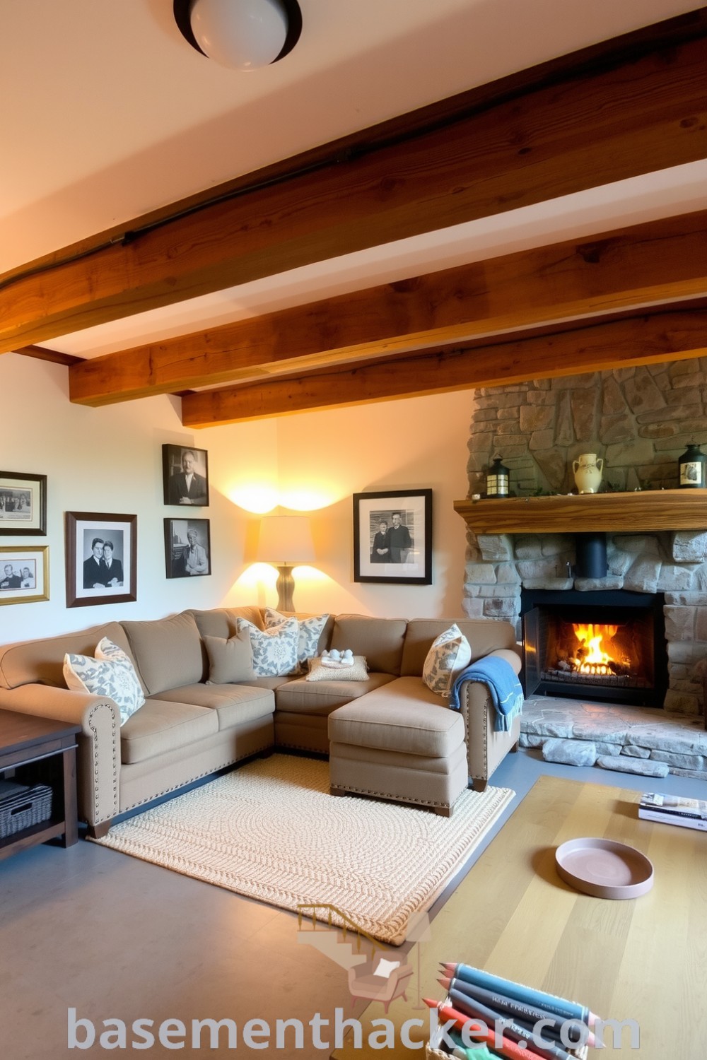 Charming warm and inviting country-style basement living room with reclaimed wood beams, a sectional sofa, vintage family photos, and a stone fireplace, ideal for a cozy and stylish bonus space, featured on basementhacker.com.
