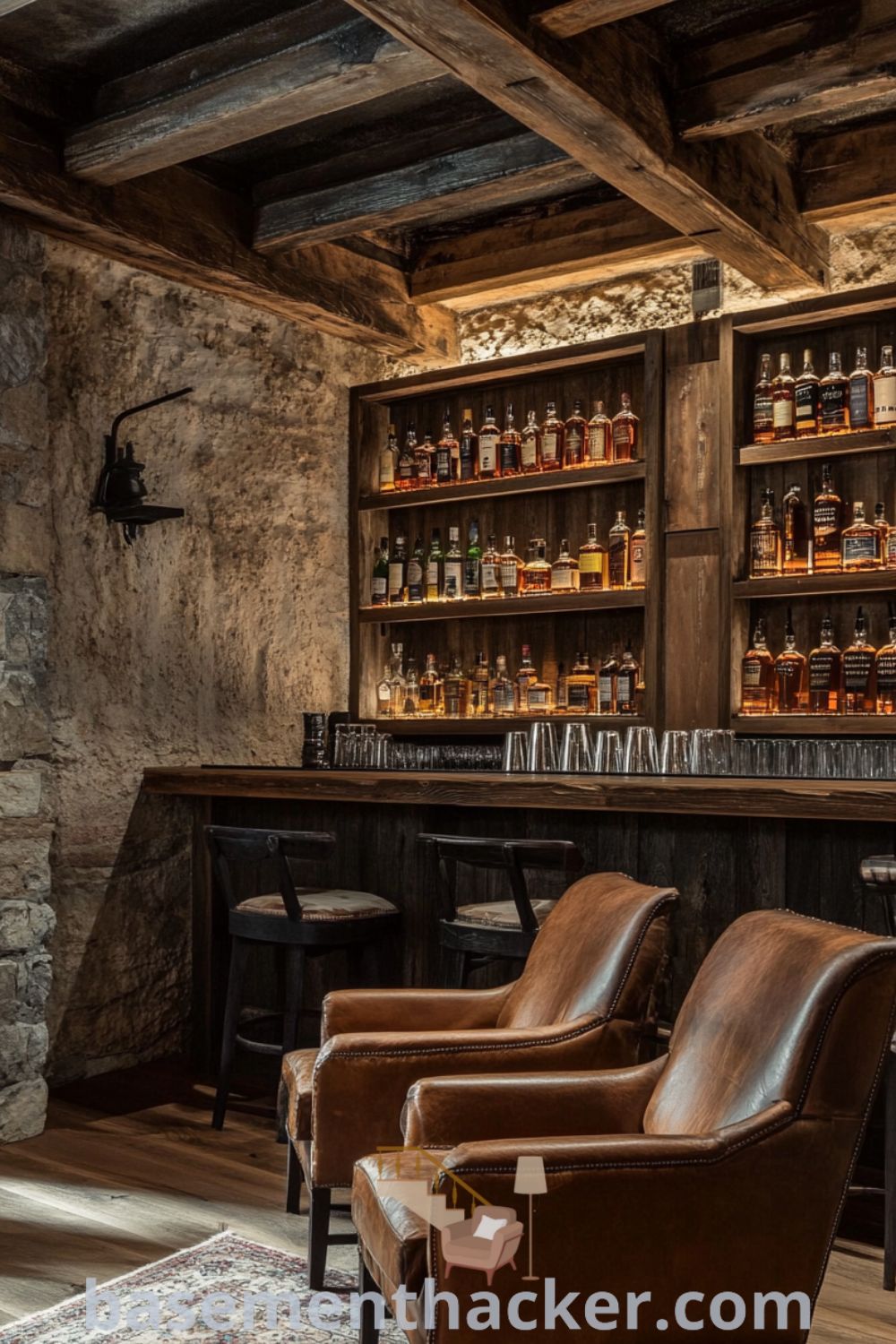 Rustic basement whiskey lounge featuring exposed wooden beams, stone walls, leather armchairs, and a reclaimed wood bar counter, perfect for innovative basement makeover ideas and ultimate entertaining, showcased on basementhacker.com.