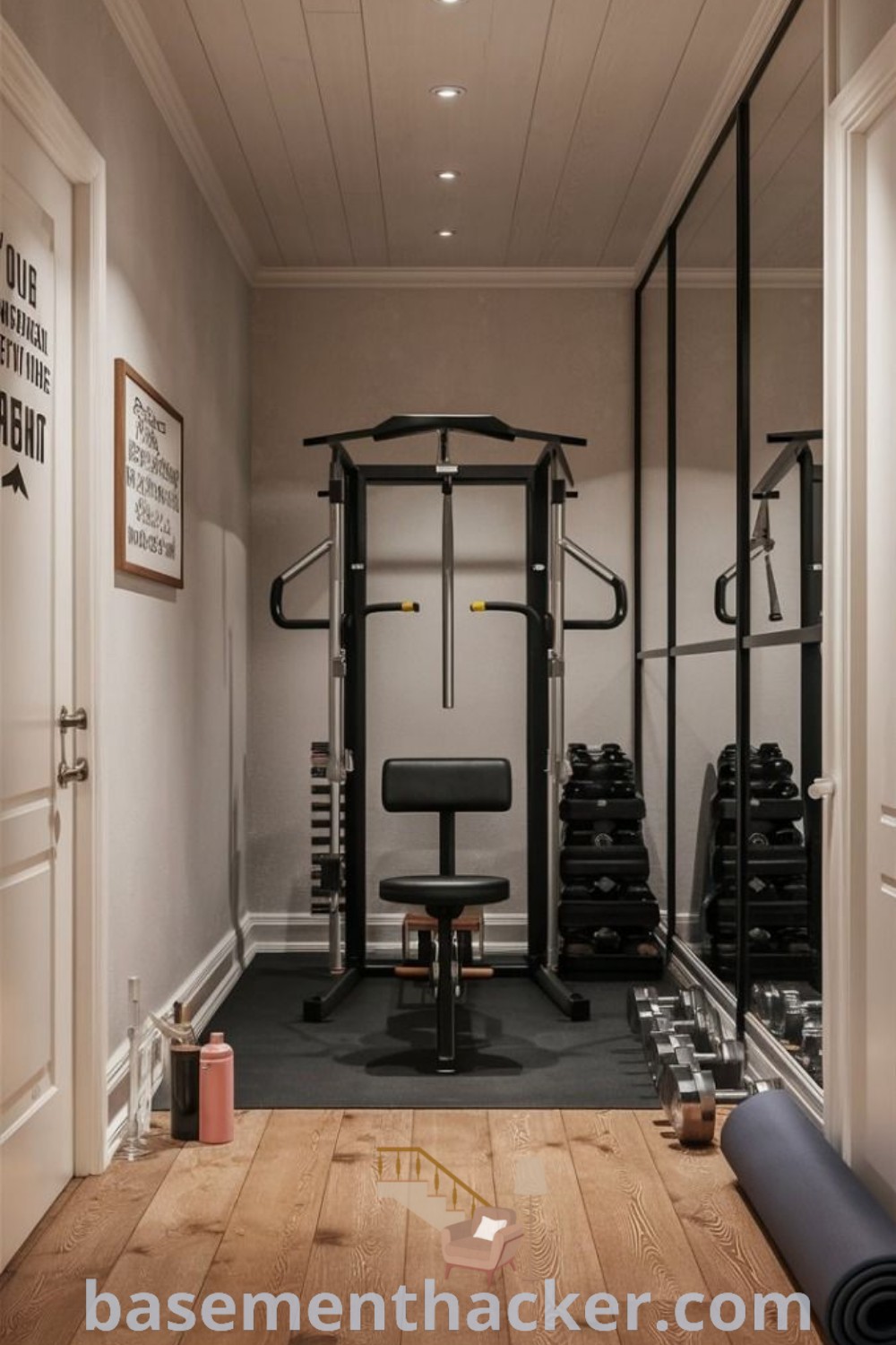 A small home gym with exercise equipment and a yoga mat on the floor, demonstrating ideas for a gym and laundry room combo, ideal for compact spaces. This mini home gym aesthetic captures practical design for effective workouts in limited areas. Discover more inspiration for small gym room ideas at basementhacker.com.