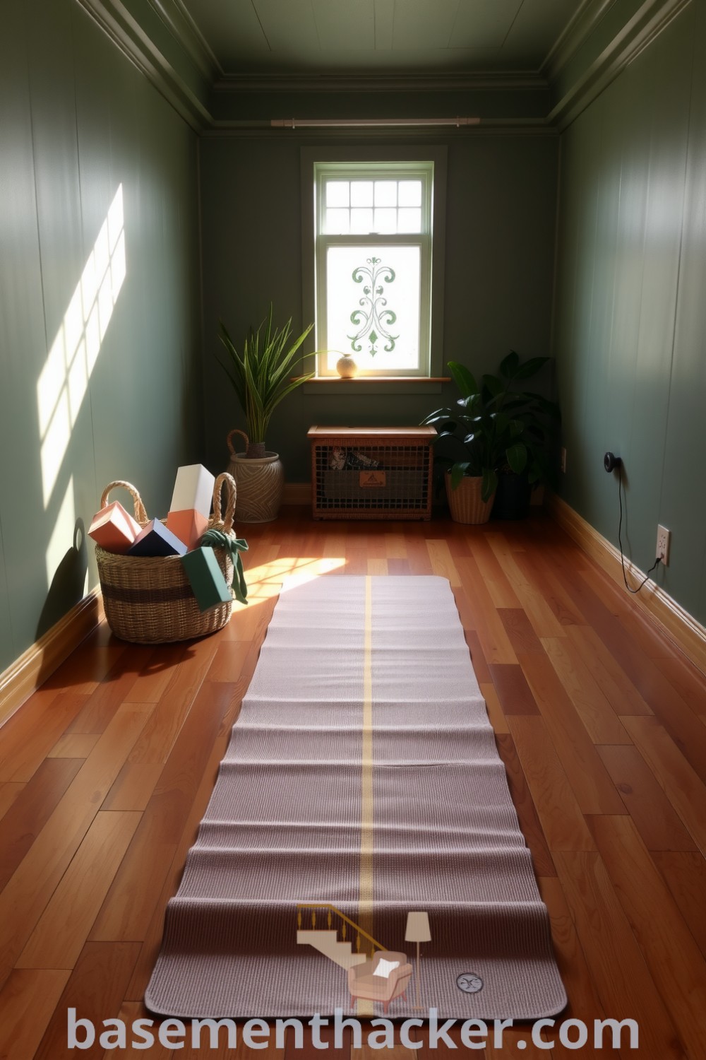 Tranquil basement yoga and stretching room featuring a soft yoga mat, sage green walls, organized props, and potted plants, designed for a cozy and organized home, showcased on basementhacker.com.