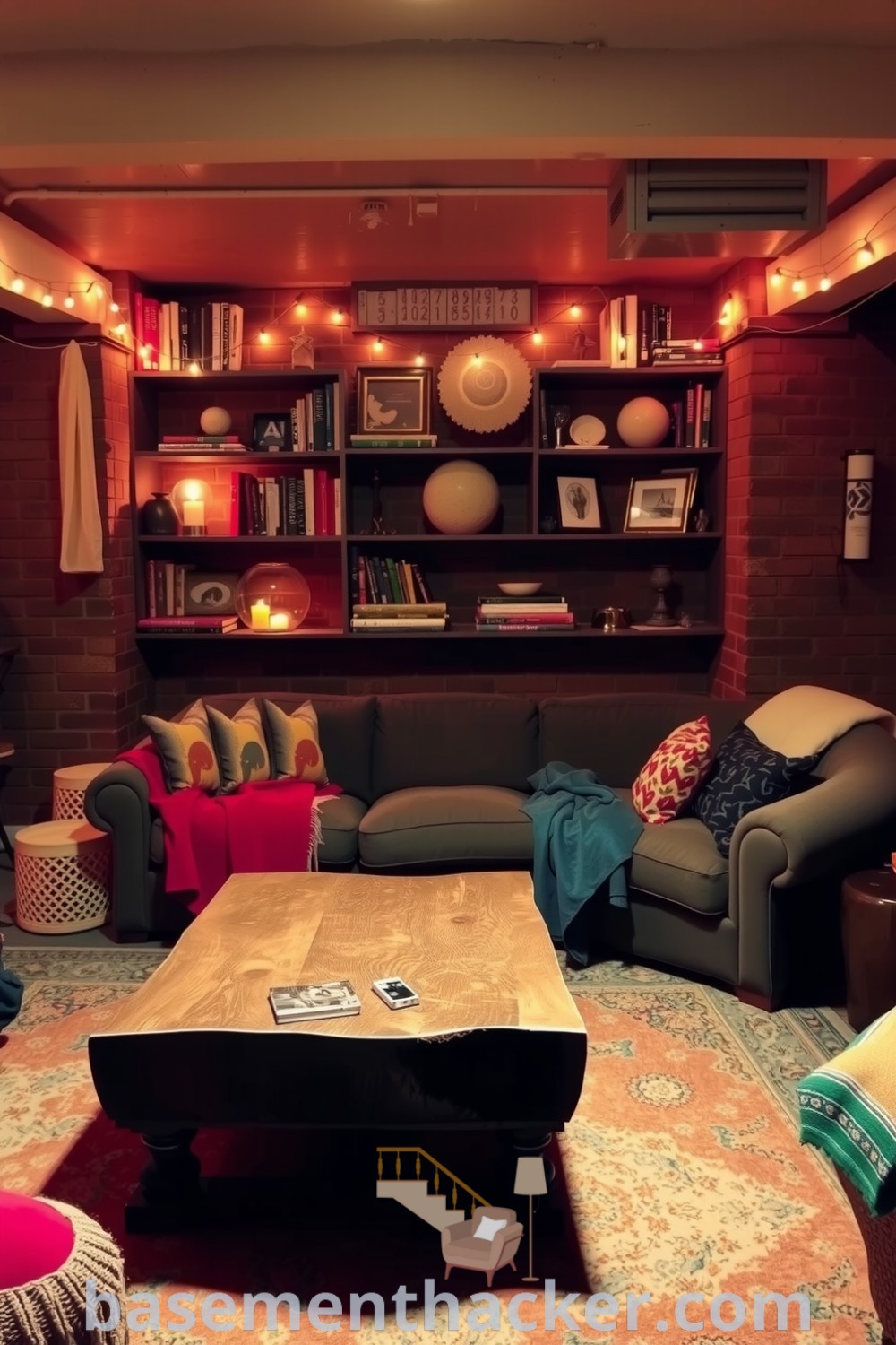 Inviting basement living room with an oversized sofa, colorful throws, hand-carved wooden coffee table, and vintage decor, featuring warm string lights for a cozy atmosphere, showcased on basementhacker.com.