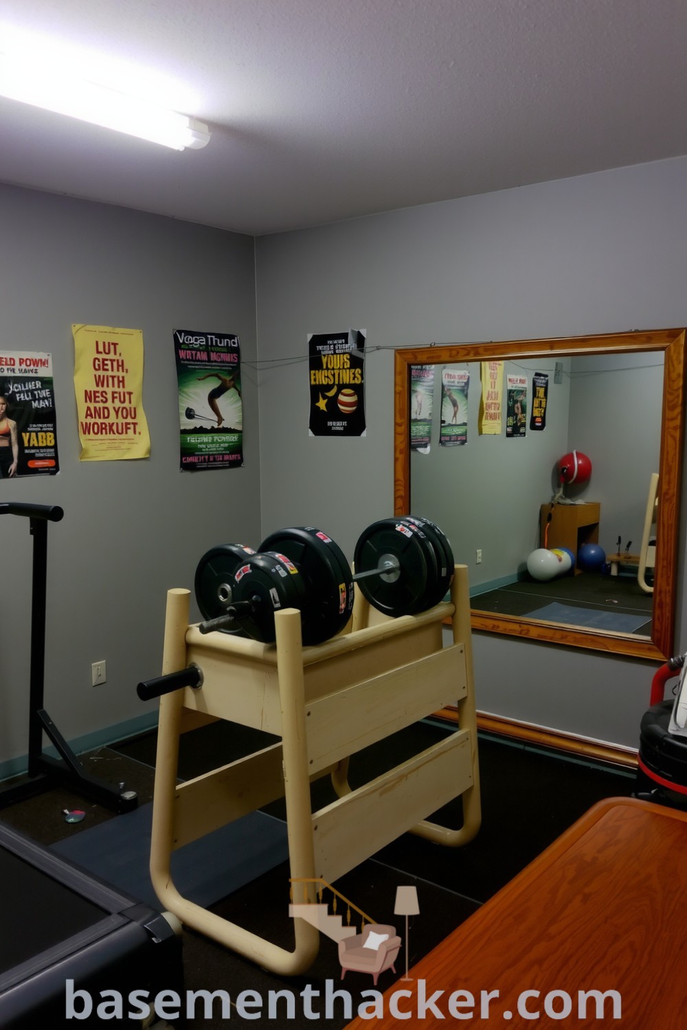 Well-equipped functional basement gym featuring sturdy weights, motivational posters, a large mirror, and an old treadmill, ideal for a stylish and functional home design, showcased on basementhacker.com.