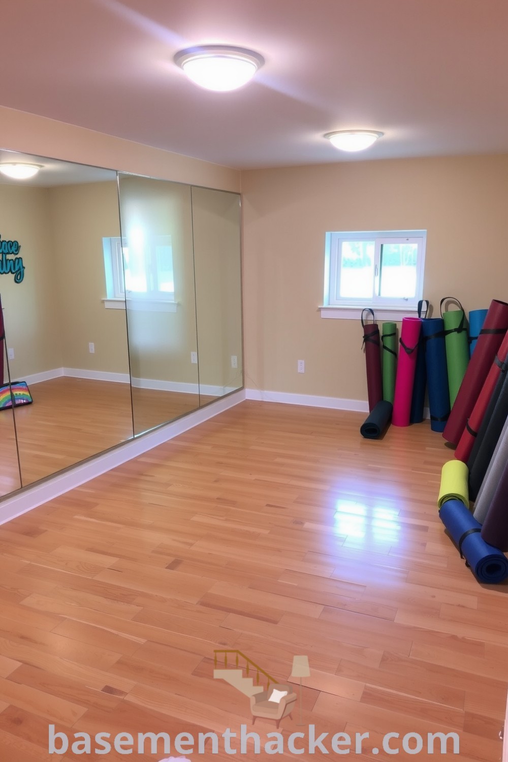 Bright and energizing basement dance fitness studio featuring wooden flooring, mirrors, vibrant artwork, and colorful exercise mats, perfect for lively sessions, showcased on basementhacker.com.