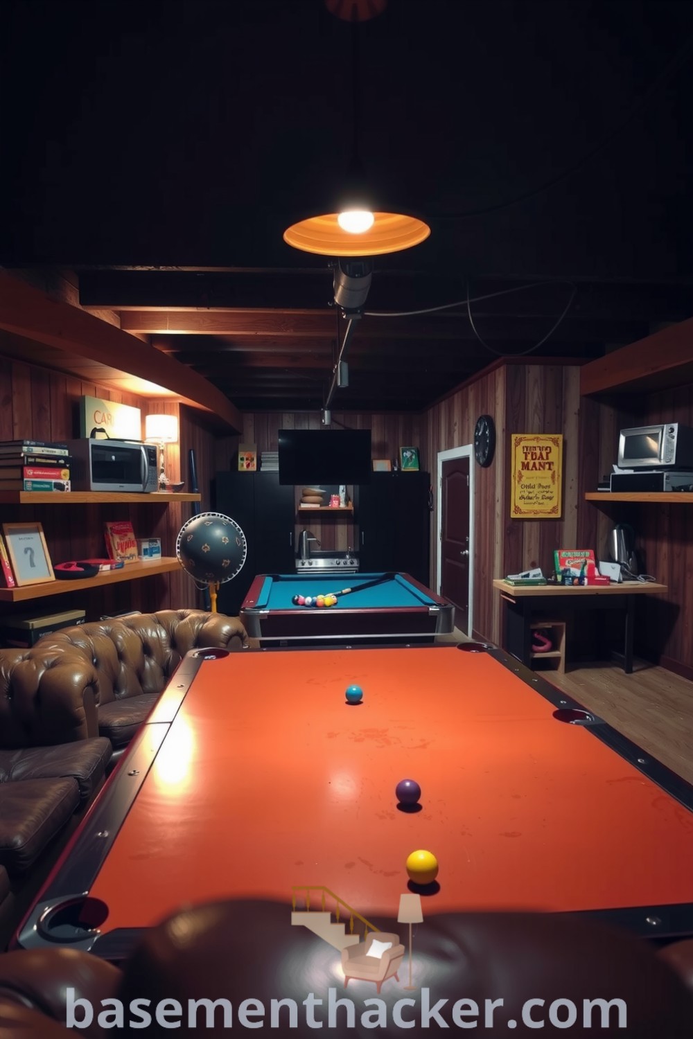 Cozy basement game room with a leather couch, pool table, and nostalgic decor, designed for ultimate entertaining and family fun, featured on basementhacker.com.