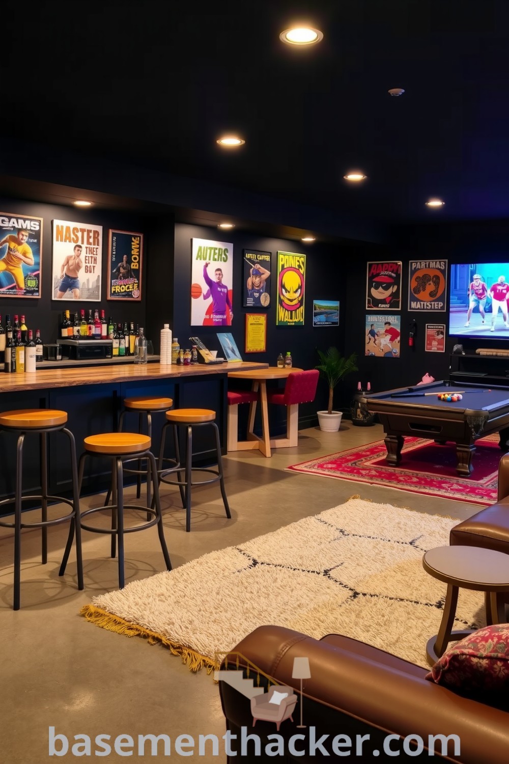 Cozy basement game room featuring a rustic wooden bar, mismatched stools, plush area rug, vintage game posters, and a well-used pool table, designed for ultimate entertaining, showcased on basementhacker.com.