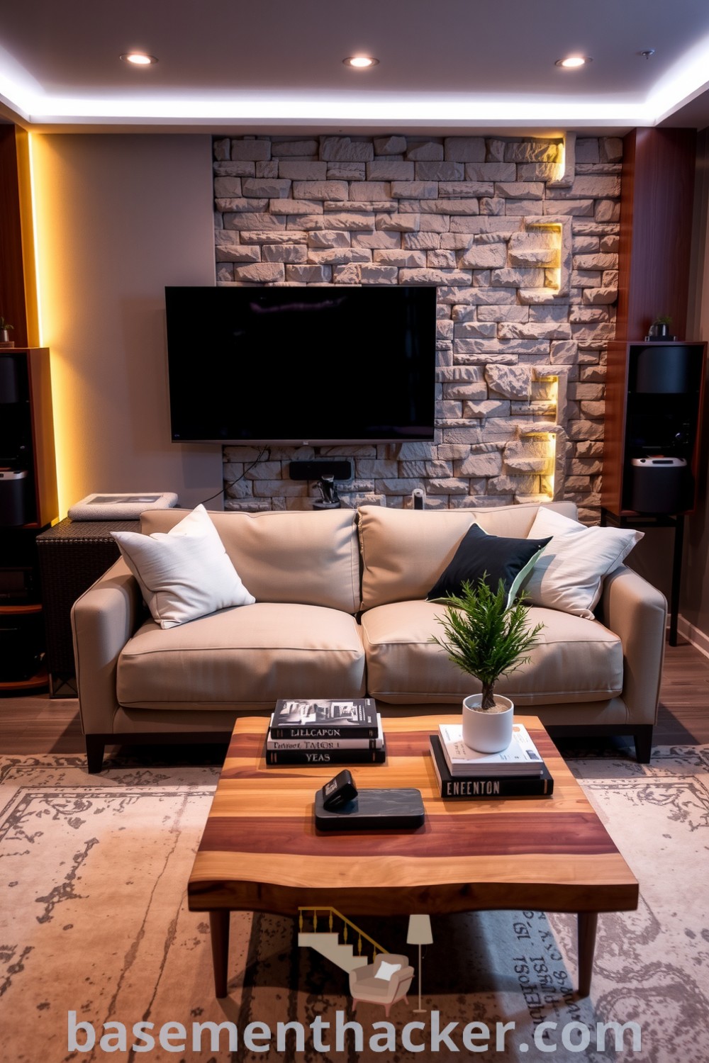 Stylish and cozy smart-tech basement living room featuring a plush sofa, textured stone accent wall, and modern tech gadgets, perfect for ultimate entertaining and innovative basement makeover ideas, showcased on basementhacker.com.