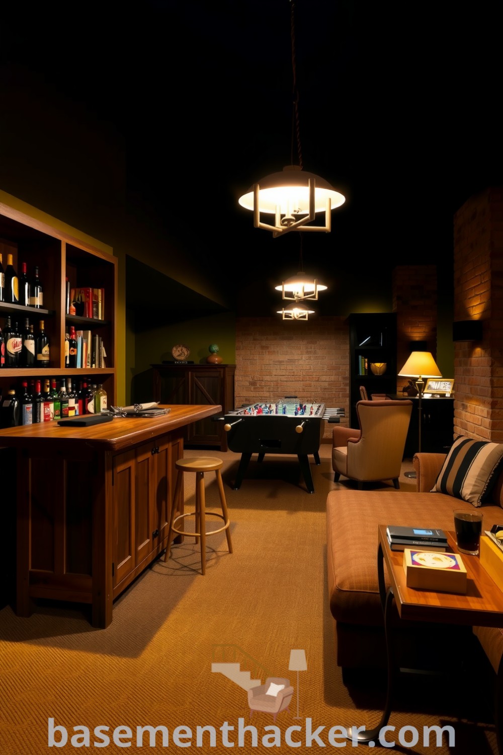 Stylish basement game room featuring a wooden bar, oversized couch, foosball table, and vintage lamps, designed for ultimate entertaining, showcased on basementhacker.com.