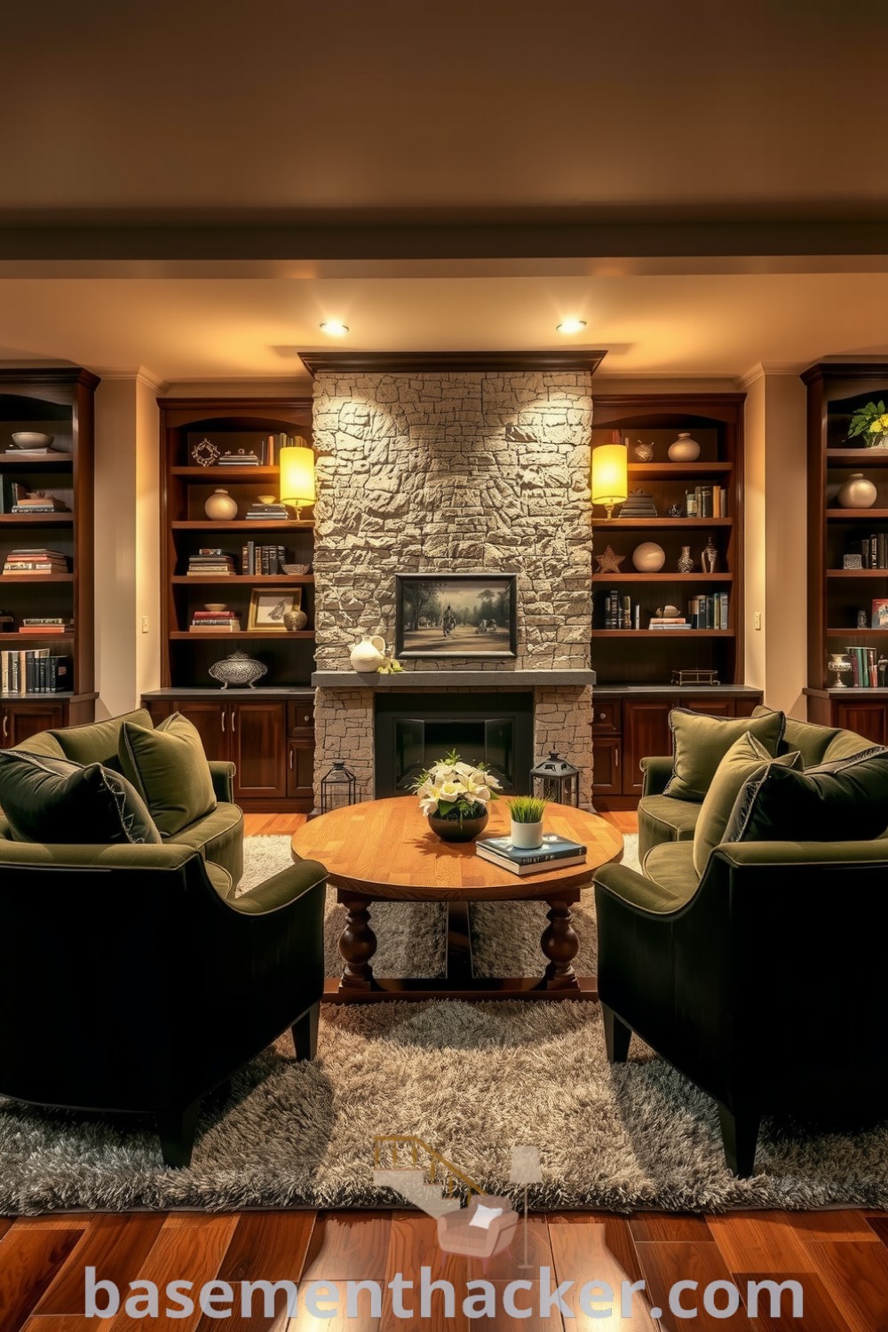 Luxurious basement living room featuring plush velvet armchairs, rustic wood coffee table, ambient lighting, and a stone feature wall, perfect for a stylish and functional home design, showcased on basementhacker.com.