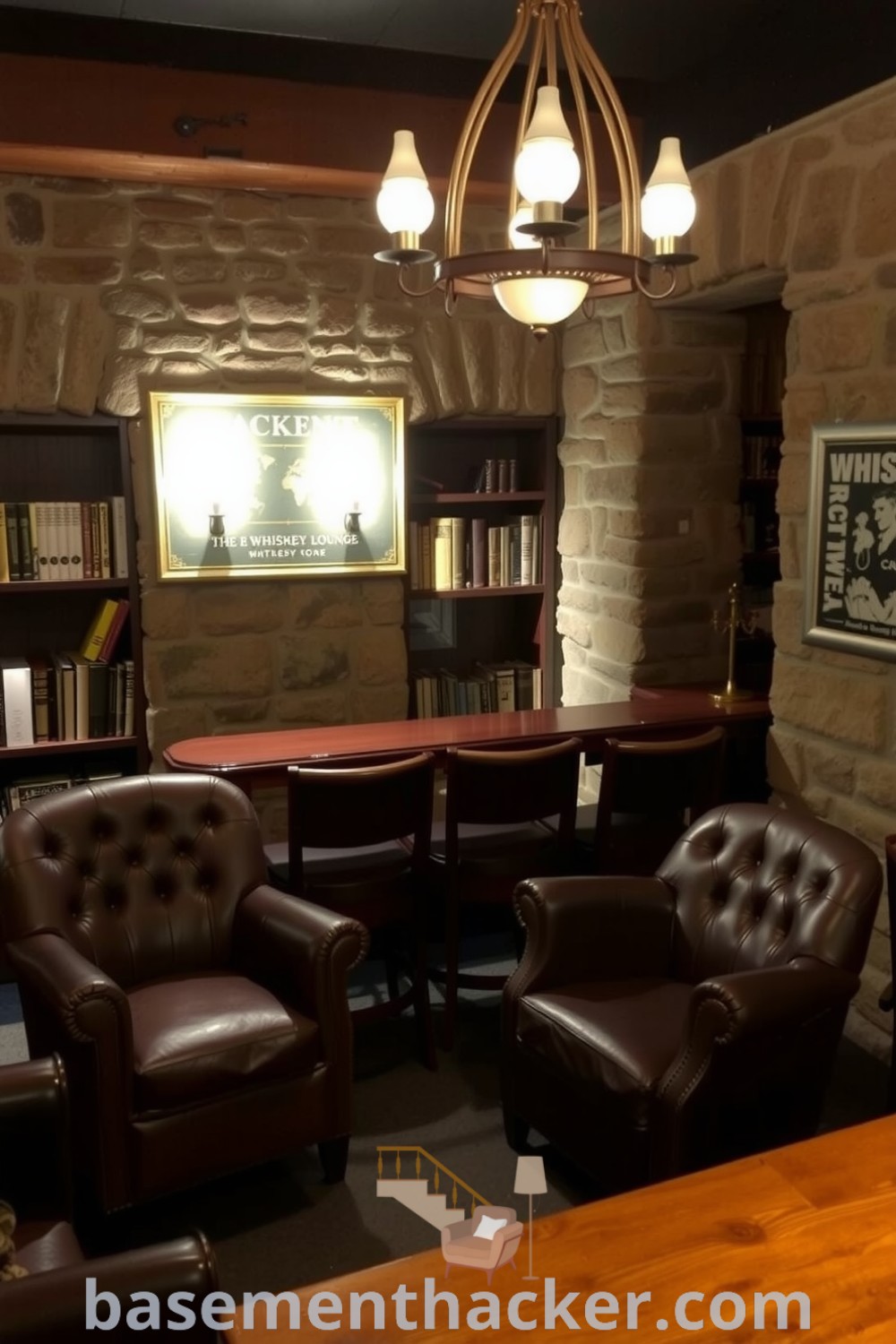 Cozy whiskey lounge featuring stone walls, polished oak bar, plush leather chairs, and a low-hanging chandelier, ideal for conversation and relaxation, found on basementhacker.com.