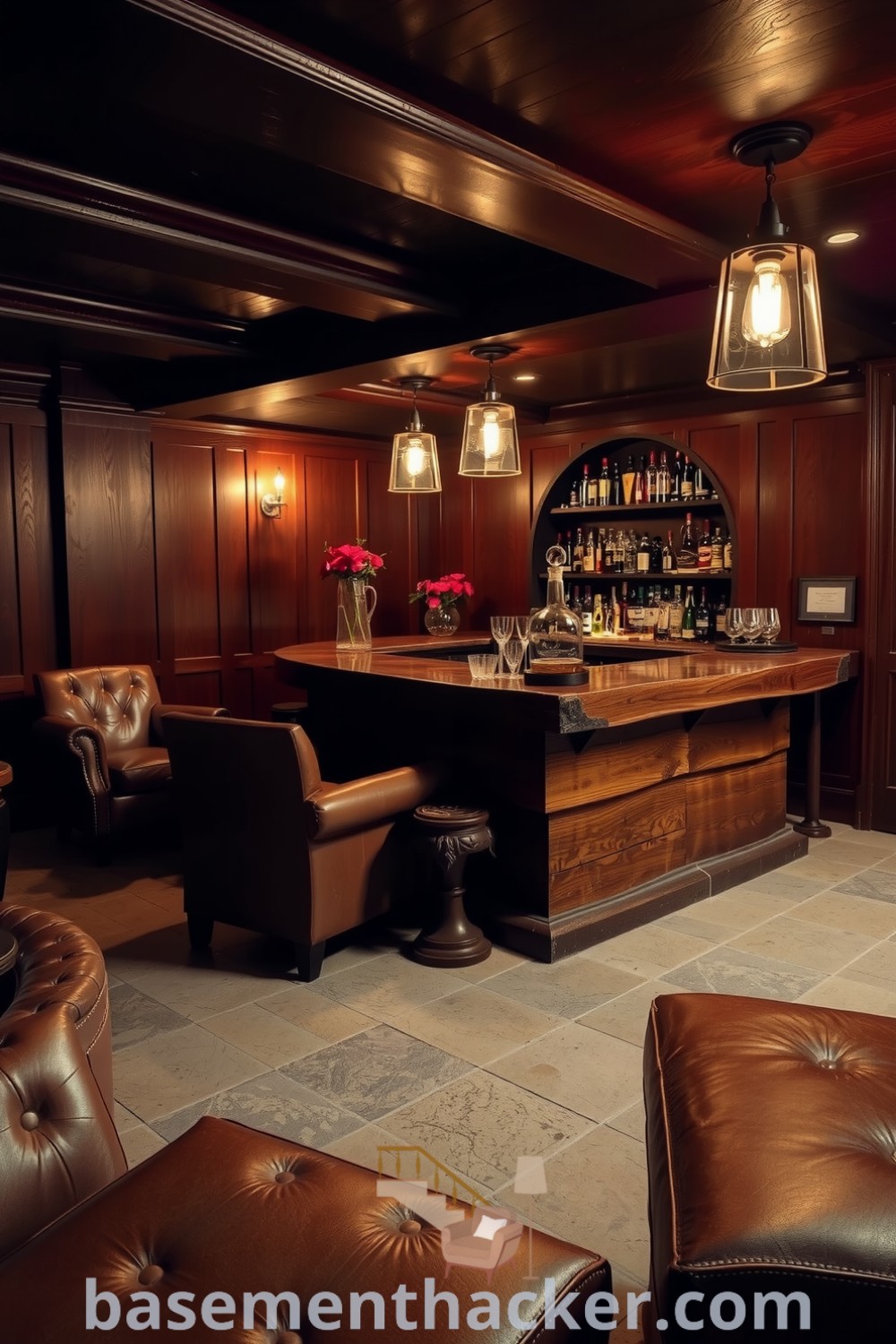 Intimate basement whiskey lounge featuring mahogany paneling, leather chairs, aged stone and wood flooring, and a fireplace, ideal for stylish and functional home design, showcased on basementhacker.com.