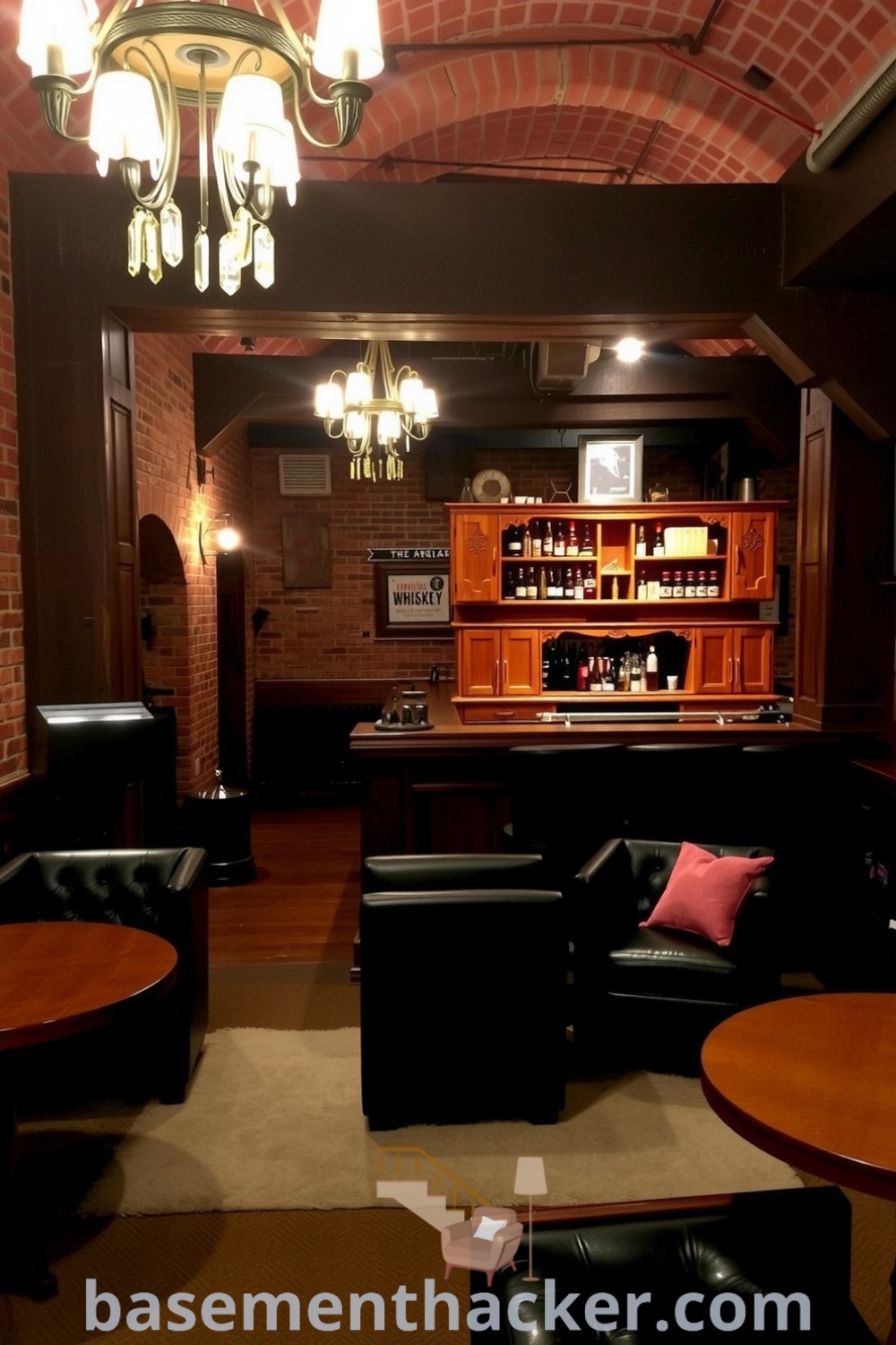 Basement whiskey lounge with exposed brick walls, dark leather chairs, wooden bar, and vintage chandeliers, providing innovative ideas for a stylish bonus space on basementhacker.com.