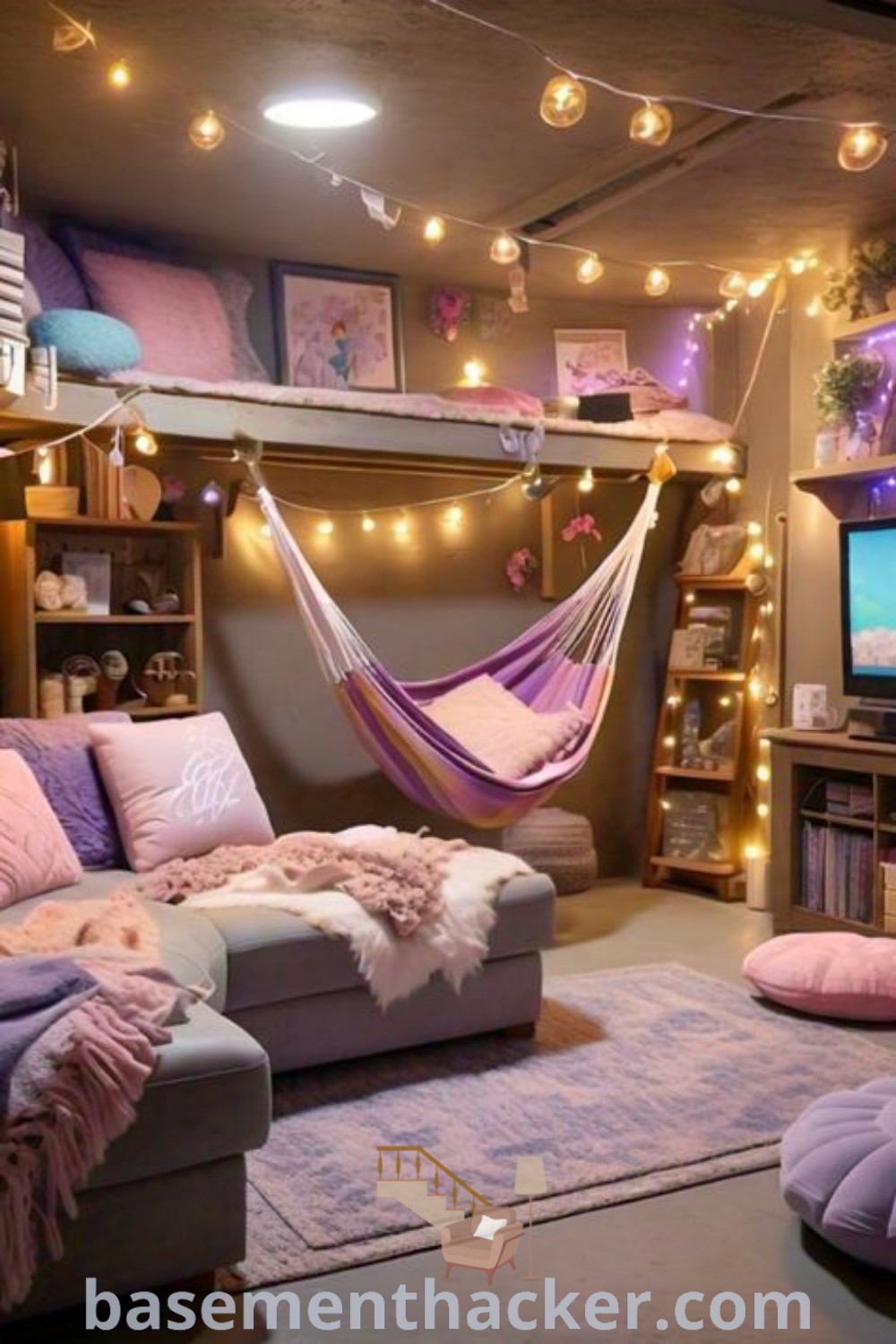 A lively living room filled with stylish furniture and cozy lighting, perfect for a teen hangout space. This area showcases innovative ideas for designing and organizing a chill vibe room, offering practical tips for a comfortable and inviting atmosphere. Discover more awesome design ideas at basementhacker.com.