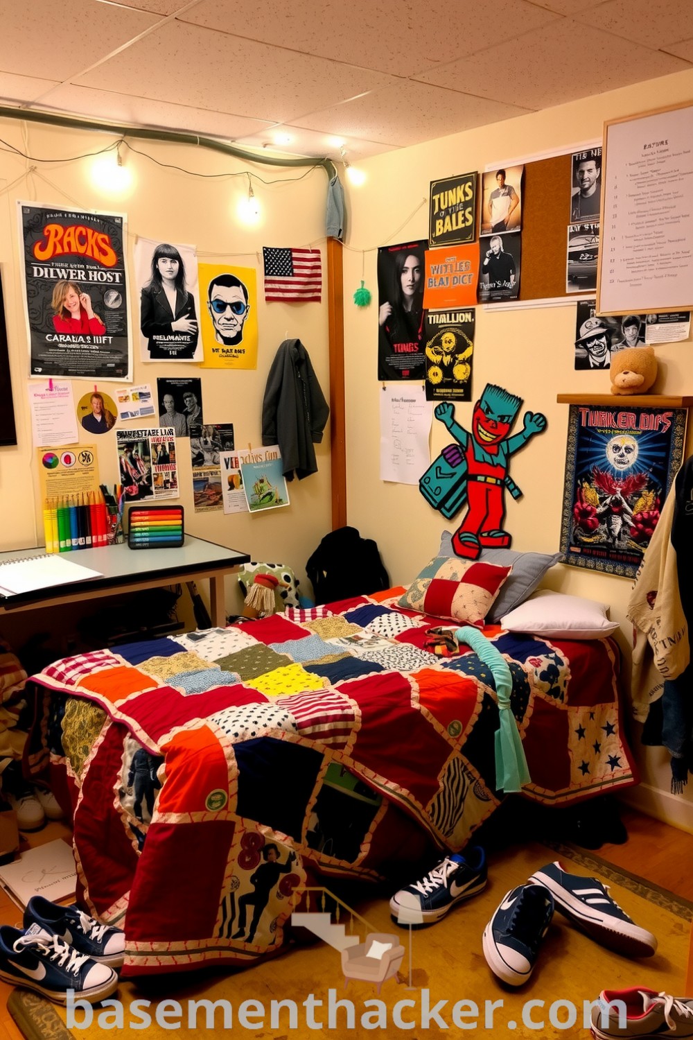 Vibrant basement bedroom with a twin bed, colorful quilt, art supplies, posters, and a corkboard, showcasing innovative ideas for designing a stylish and functional space, featured on basementhacker.com.