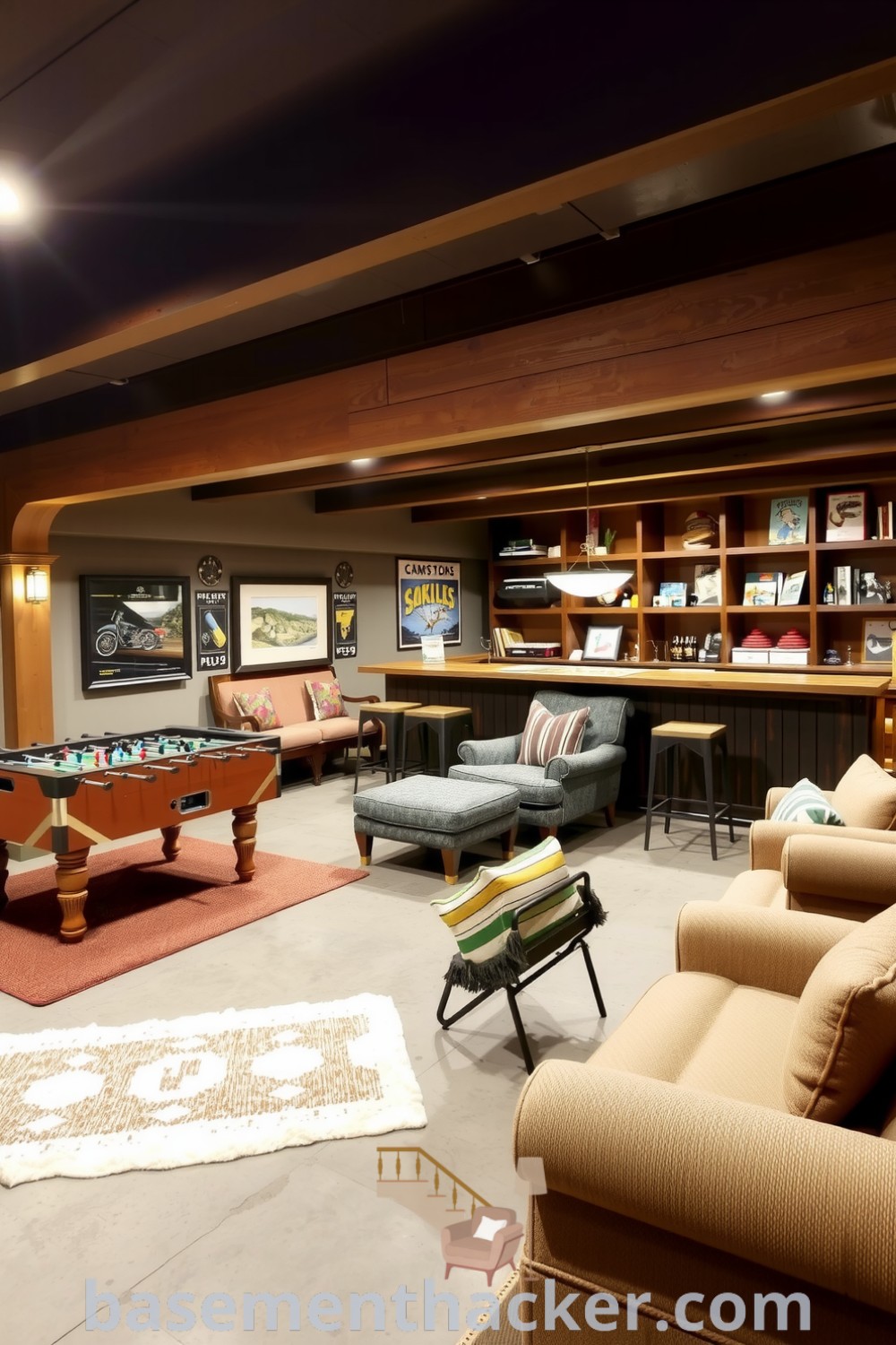 Warm rustic basement game room featuring exposed beams, plush rugs, vintage foosball table, reclaimed wood bar, and ambient lighting for ultimate entertaining, showcased on basementhacker.com.