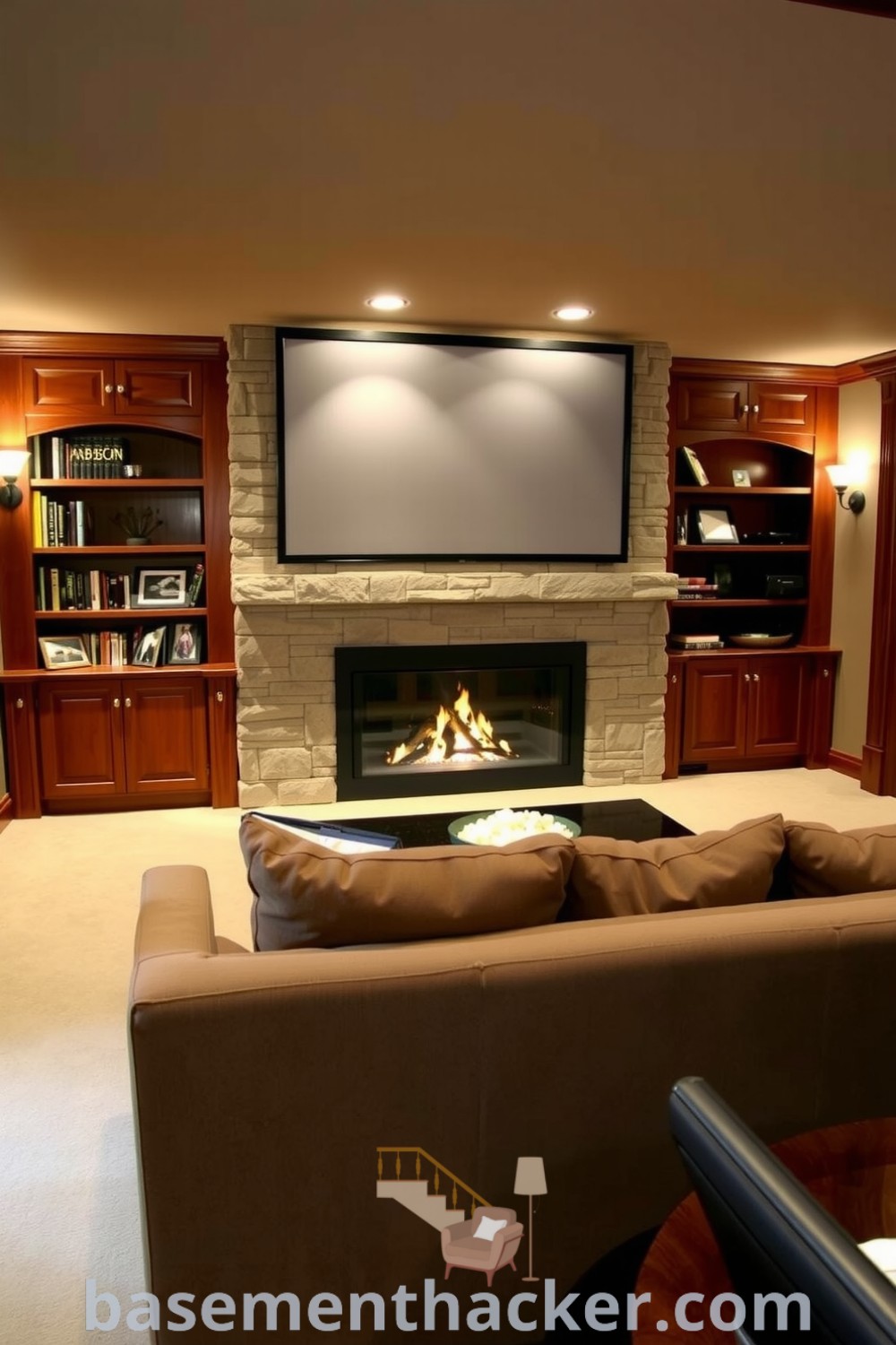 Cozy basement living room featuring a plush sofa, built-in shelves with books and family photos, warm taupe walls, a textured stone fireplace, and ambient lighting, perfect for family movie nights, showcased on basementhacker.com.