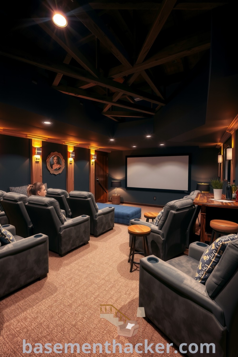 Cozy basement movie room with plush recliners, rustic snack bar, and exposed wooden beams for stylish and functional home design, featured on basementhacker.com.