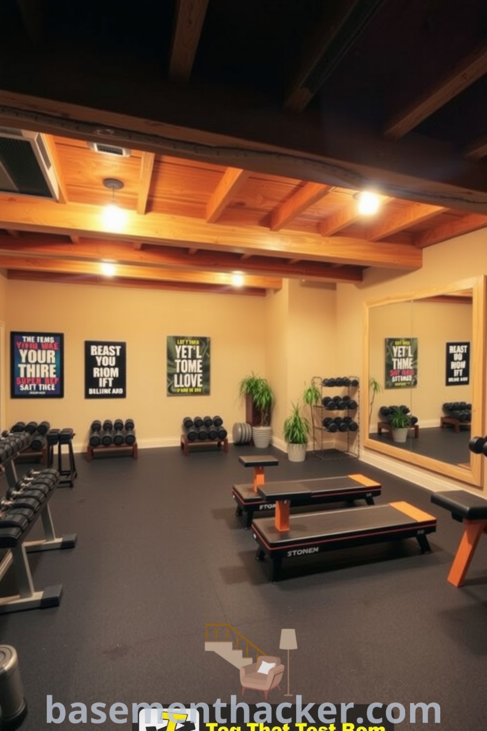 Stylish basement gym featuring wooden beams, rubber flooring, weight benches, and motivational posters, designed for a cozy and functional home workout space, showcased on basementhacker.com.