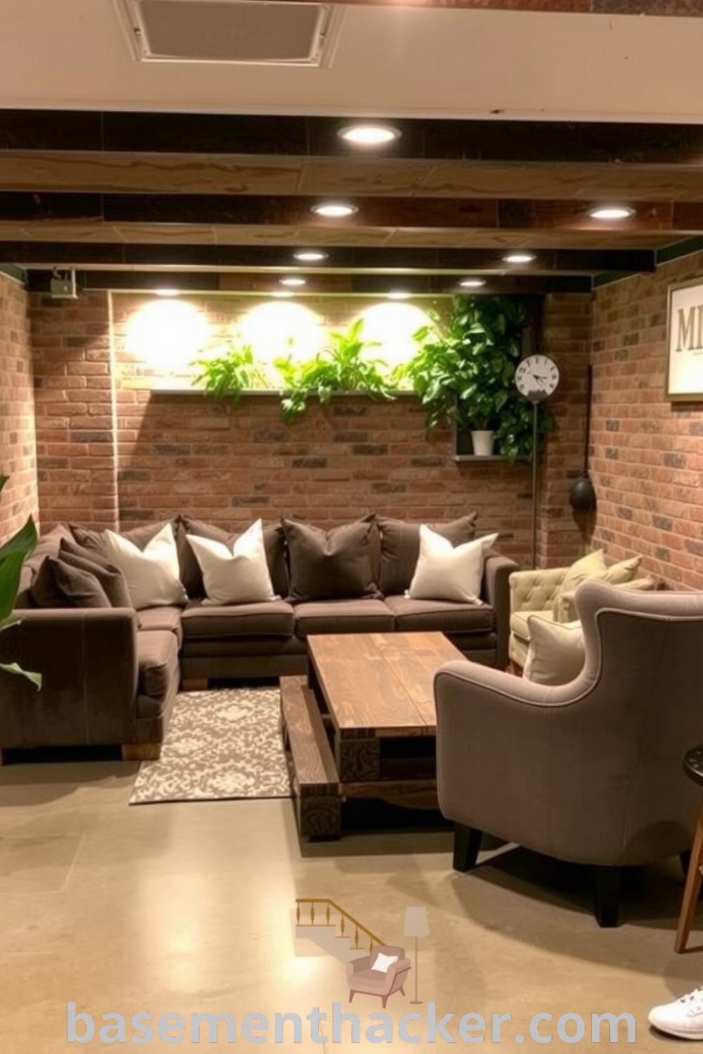 Inviting contemporary basement living room featuring a plush sectional sofa, rustic coffee table, exposed brick walls, and polished concrete floor, perfect for relaxing and socializing, explored on basementhacker.com.