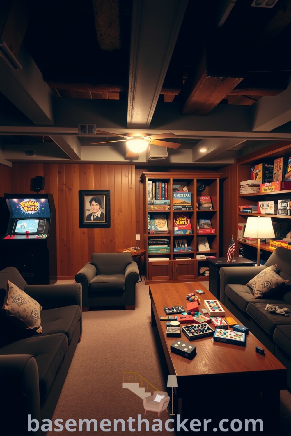 Cozy basement game room featuring an overstuffed couch, rustic coffee table with snacks, vintage arcade machine, and shelves of board games, designed for ultimate entertaining, shown on basementhacker.com.