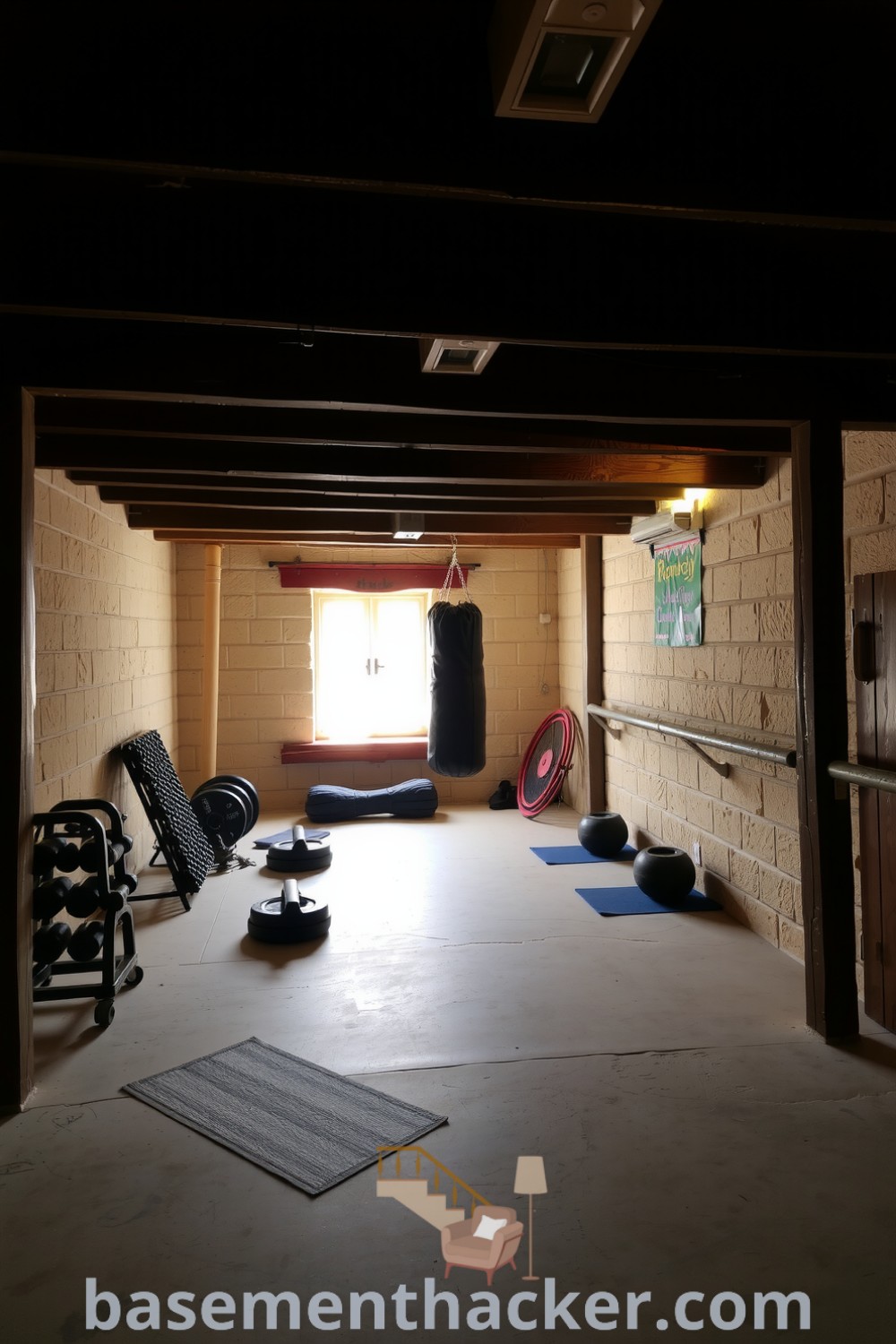 Inviting basement fitness room with natural light, exposed wooden beams, and a punching bag, showcasing innovative ideas for designing a stylish and functional home space on basementhacker.com.