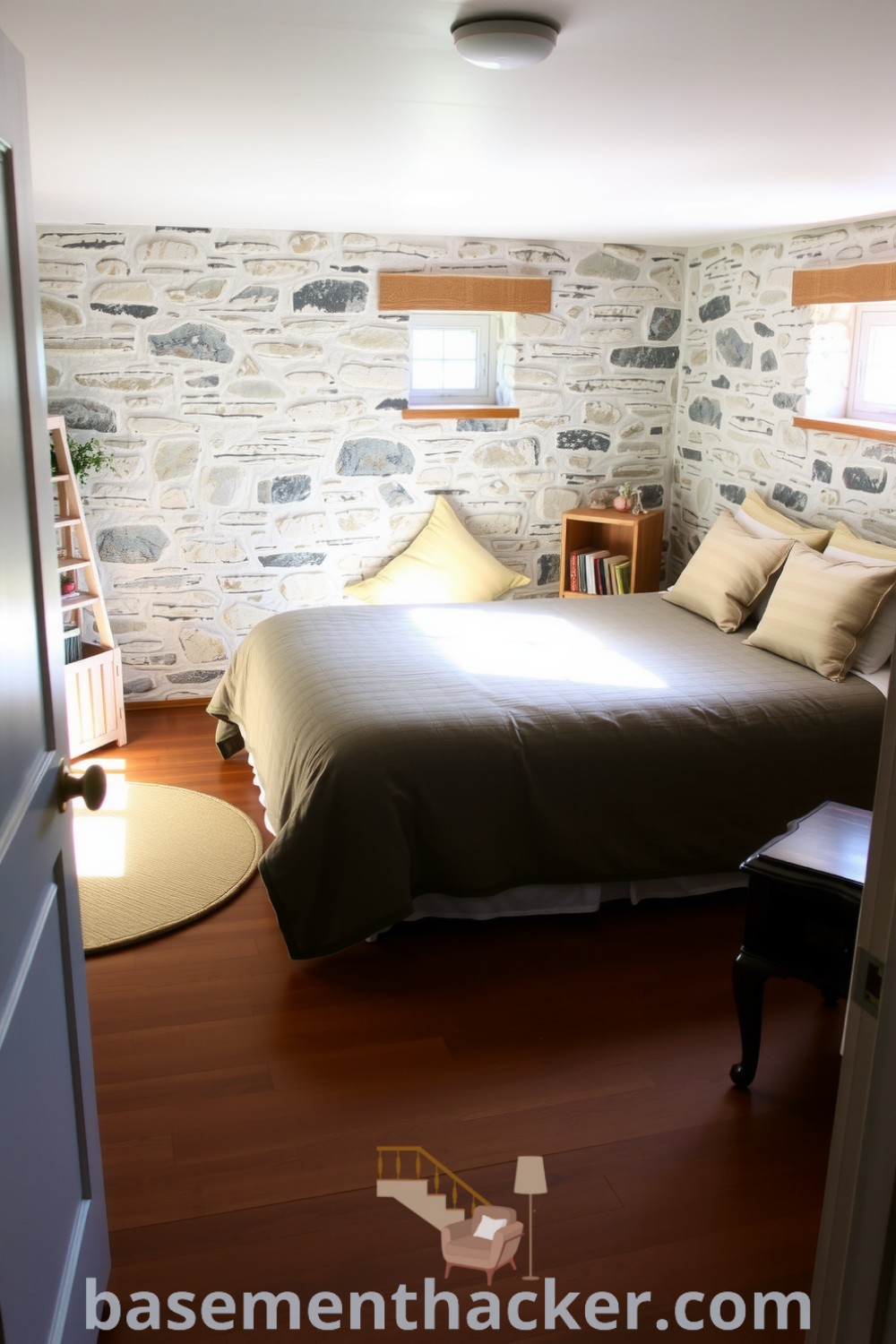 Elegant basement bedroom featuring a plush queen-sized bed, exposed stone walls, cozy reading nook with vintage armchair, and handmade rug, creating a stylish and inviting space for relaxation, showcased on basementhacker.com.