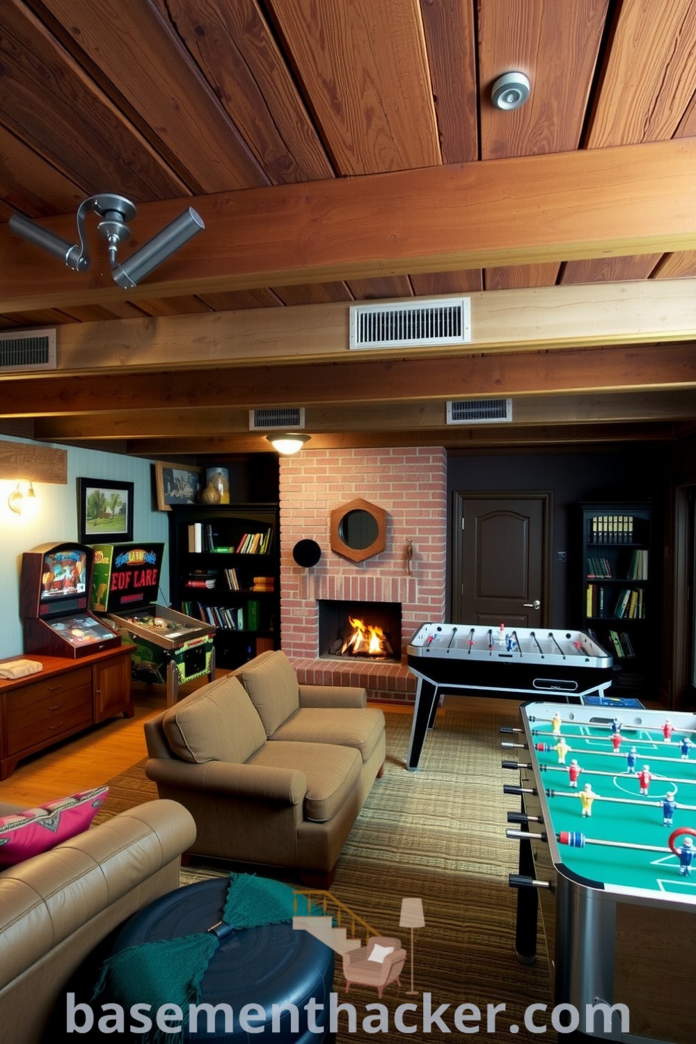 Inviting basement game room with worn wooden beams, a plush sofa, a rustic coffee table, and vintage game tables like a pinball machine and a foosball table, showcased on basementhacker.com.