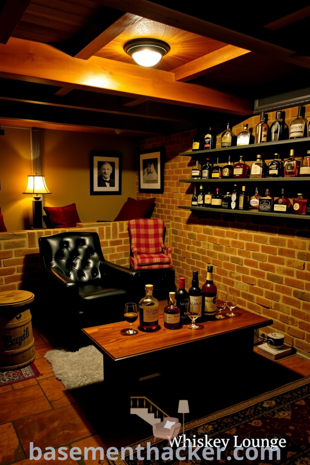 Elegant whiskey lounge featuring warm ambient lighting, dark leather armchair, wooden table with whiskey bottles, and stone flooring, perfect for intimate gatherings and stylish basement makeovers, showcased on basementhacker.com.