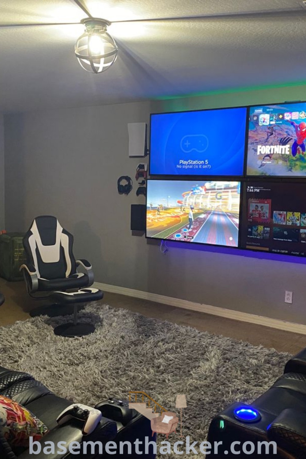 A stylish basement gaming area with a double TV setup, wall-mounted TVs, and cozy seating for an ultimate entertaining space. This innovative design combines multiple TVs for gameplay and movie nights, offering inspiring ideas for transforming your basement into a fun man cave. Explore more at basementhacker.com.