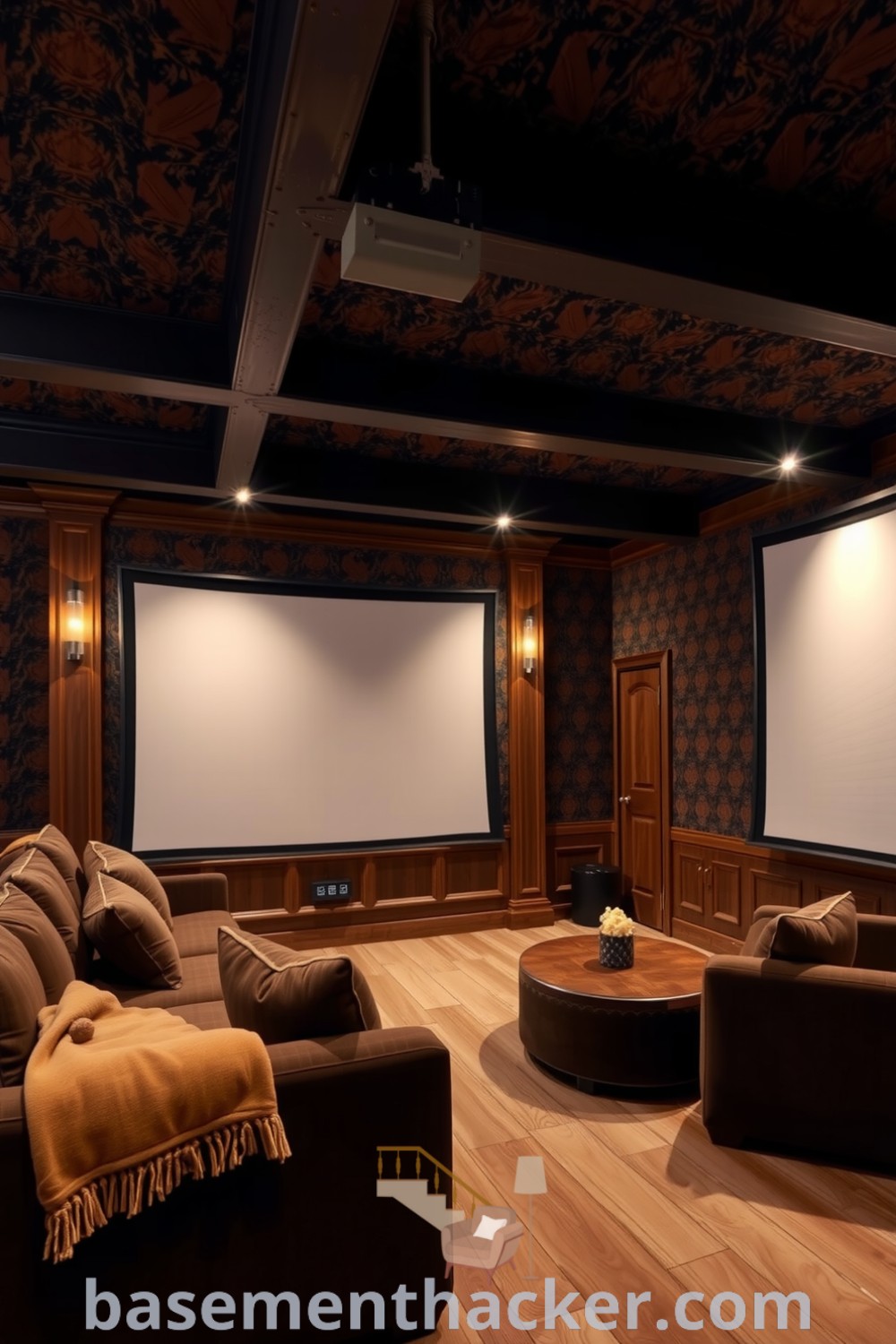 Stylish cozy basement cinema featuring a plush oversized couch, dark exposed beams, rich wallpaper, and a large projector screen, ideal for ultimate entertaining, showcased on basementhacker.com.