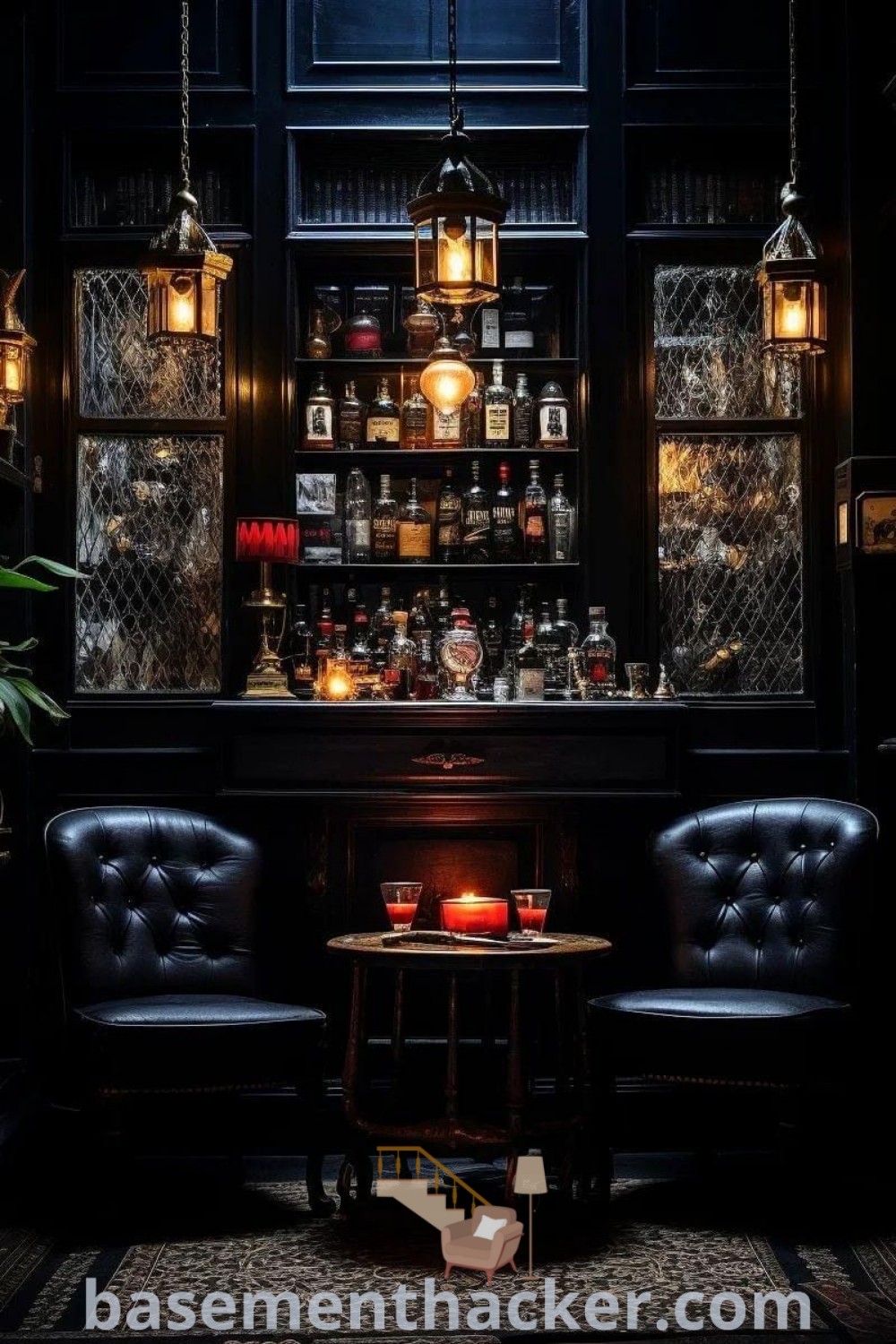 Two leather chairs sitting in front of a bar in a stylish basement setting, showcasing the Speak Easy aesthetic and innovative design ideas for a cozy, organized lounge room. For more inspiration on bar and lounge decor, visit basementhacker.com.