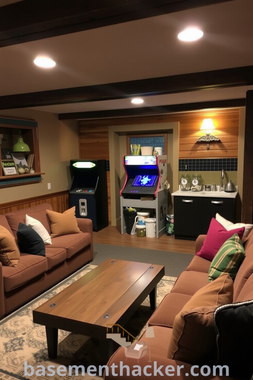 Cozy and stylish basement game room featuring a plush sofa, vintage arcade machine, kitchenette, and warm lighting, ideal for ultimate entertaining and designed for stylish bonus space, featured on basementhacker.com.