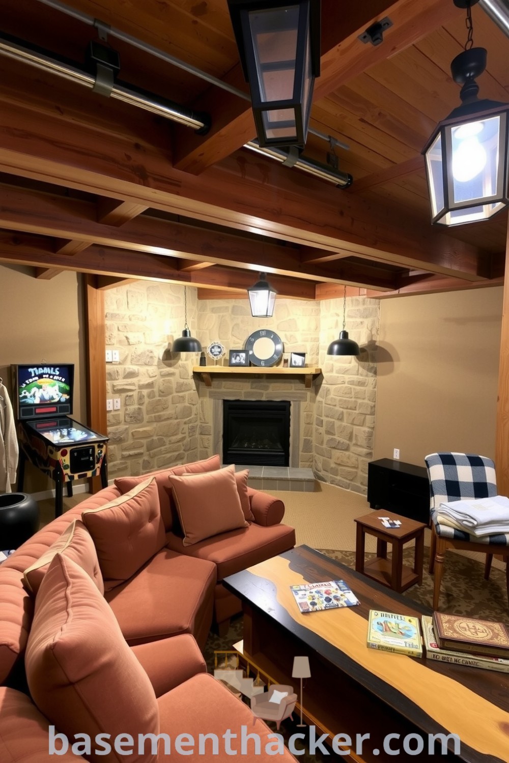 Inviting basement game room featuring an oversized couch, vintage pinball machine, and wooden table with board games, illuminated by hanging lanterns, ideal for a stylish and functional home design, found on basementhacker.com.