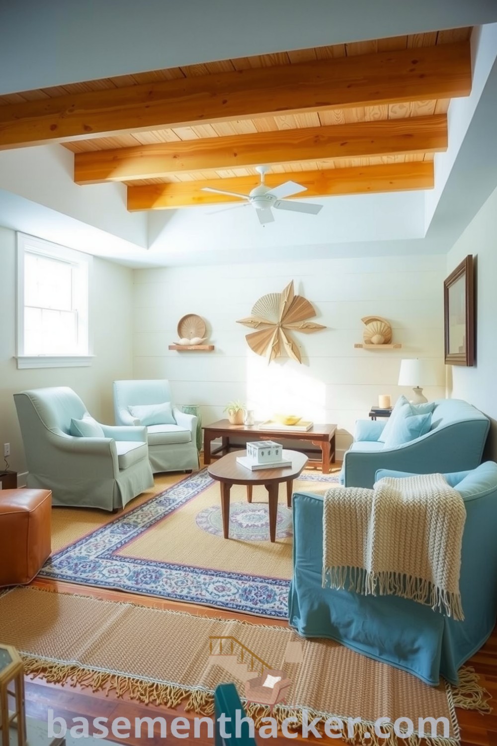 Inviting coastal-themed basement living room with seafoam armchairs, reclaimed wood coffee table, and nautical decor, ideal for stylish bonus space and cozy gatherings, highlighted on basementhacker.com.