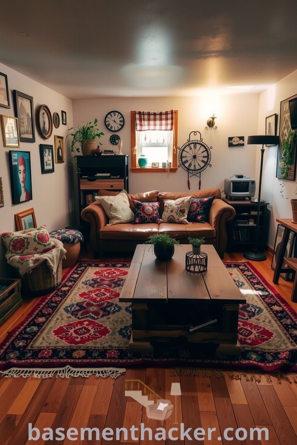 Comfortable and inviting basement living room featuring a rustic wooden coffee table, eclectic art, vibrant throw pillows, and thriving potted plants, designed for a stylish and cozy space, showcased on basementhacker.com.