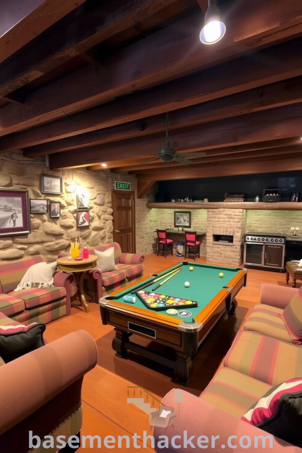 Warm and inviting basement game room featuring rustic wooden beams, stone walls, plush couches, a vintage coffee table, and a pool table for ultimate entertaining, found on basementhacker.com.