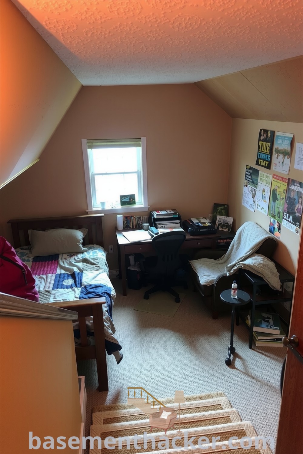 Cozy basement bedroom featuring warm earth tones, handmade quilt, a cluttered desk, and a plush armchair, designed for a stylish and functional home, found on basementhacker.com.