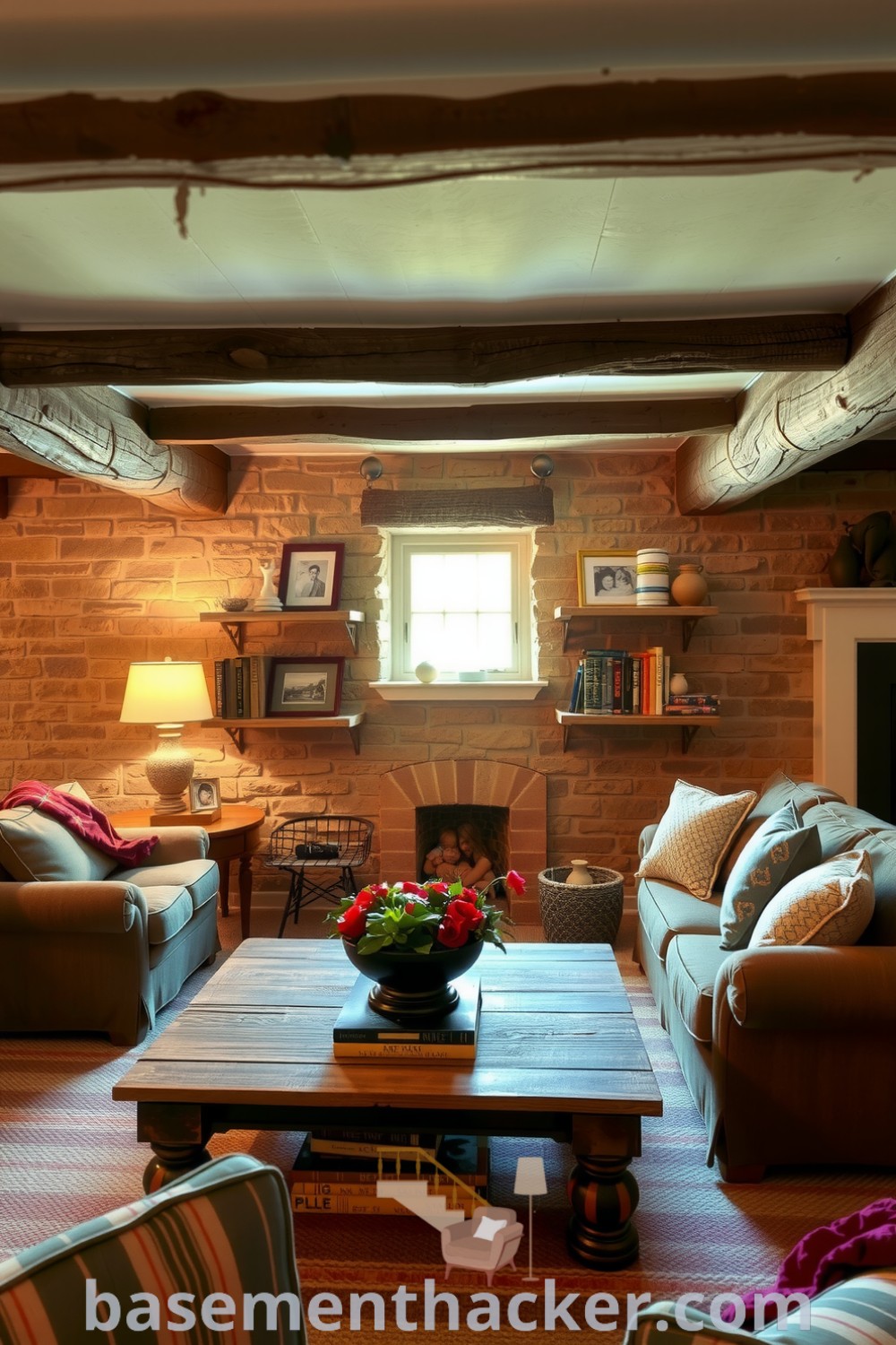 Cozy country basement living room featuring exposed wooden beams, stone walls, and a plush earthy-toned couch around a weathered coffee table, ideal for family gatherings and relaxation, as showcased on basementhacker.com.