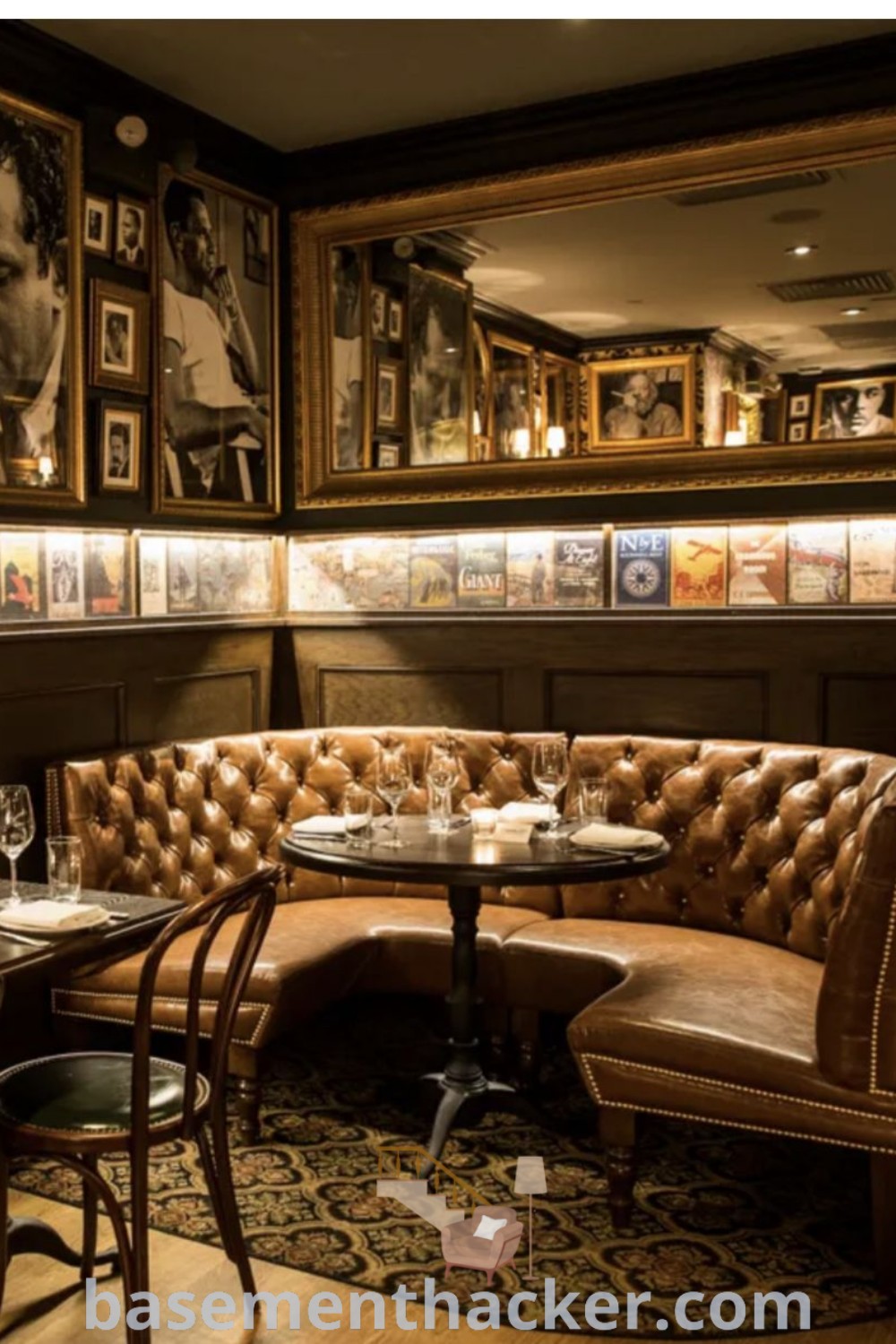 A restaurant featuring speakeasy booth seating, tables, and wall pictures, showcasing innovative basement makeover ideas for a stylish and functional home design. Discover smart decor choices and ideas for a cozy space at basementhacker.com.