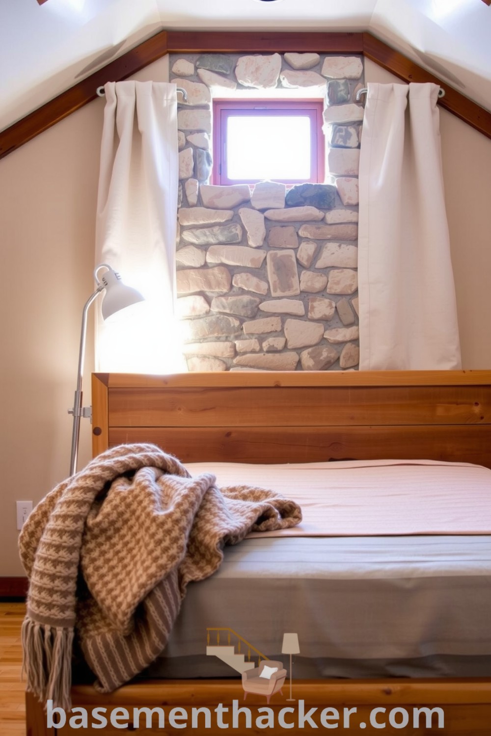 Warm and inviting basement master bedroom featuring a rustic wooden bedframe, exposed stone wall, and layered textiles, ideal for cozy retreats, highlighted on basementhacker.com.