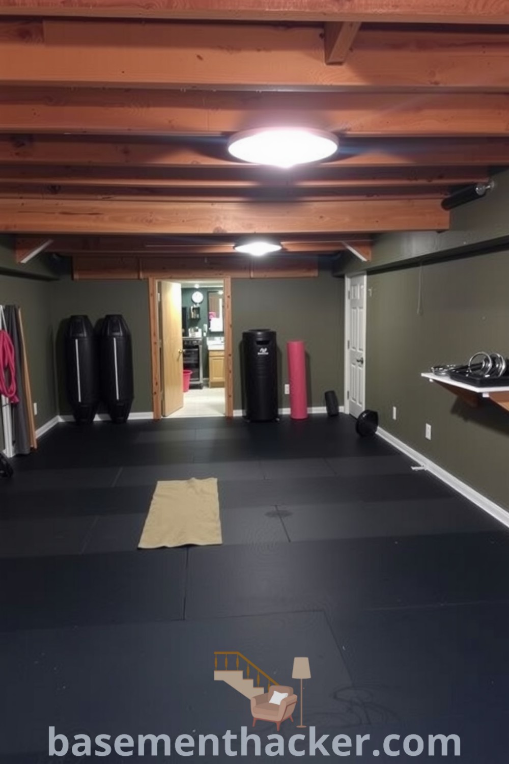 Cozy basement gym featuring rubber flooring, rustic wooden beams, a mirror, a yoga mat, and neatly arranged exercise equipment, highlighting innovative ideas for designing a stylish and functional home space, showcased on basementhacker.com.