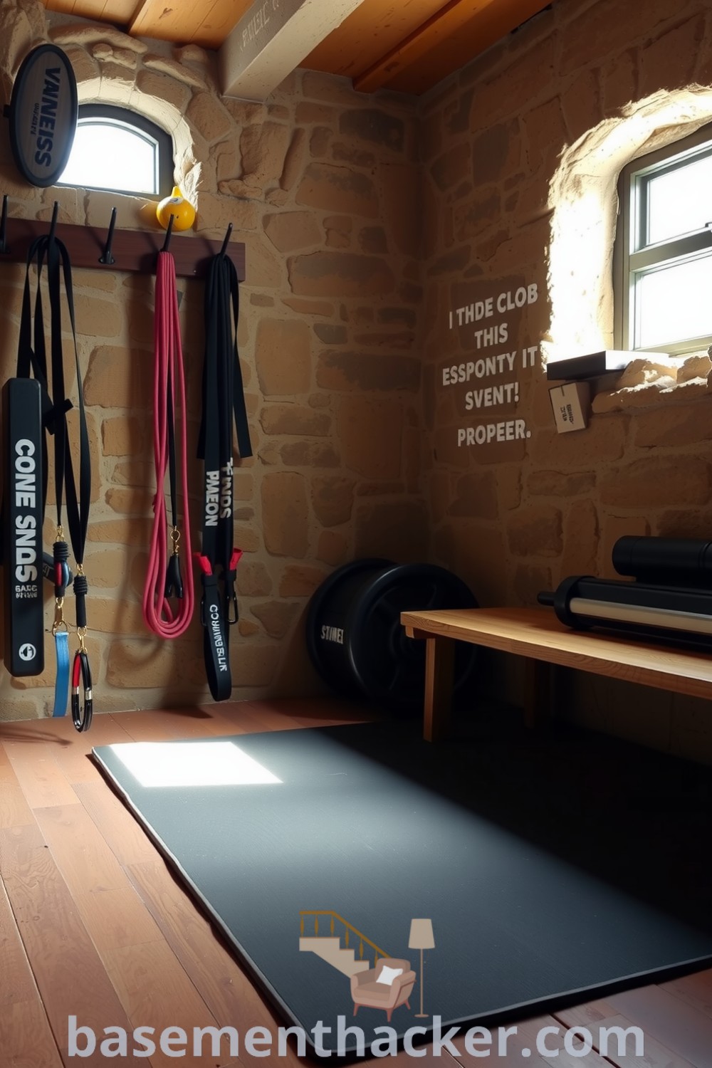Cozy basement gym with rough stone walls, sunlight filtering through a high window, well-used weights, resistance bands, and a wooden bench creating a motivating environment for workouts, featured on basementhacker.com.