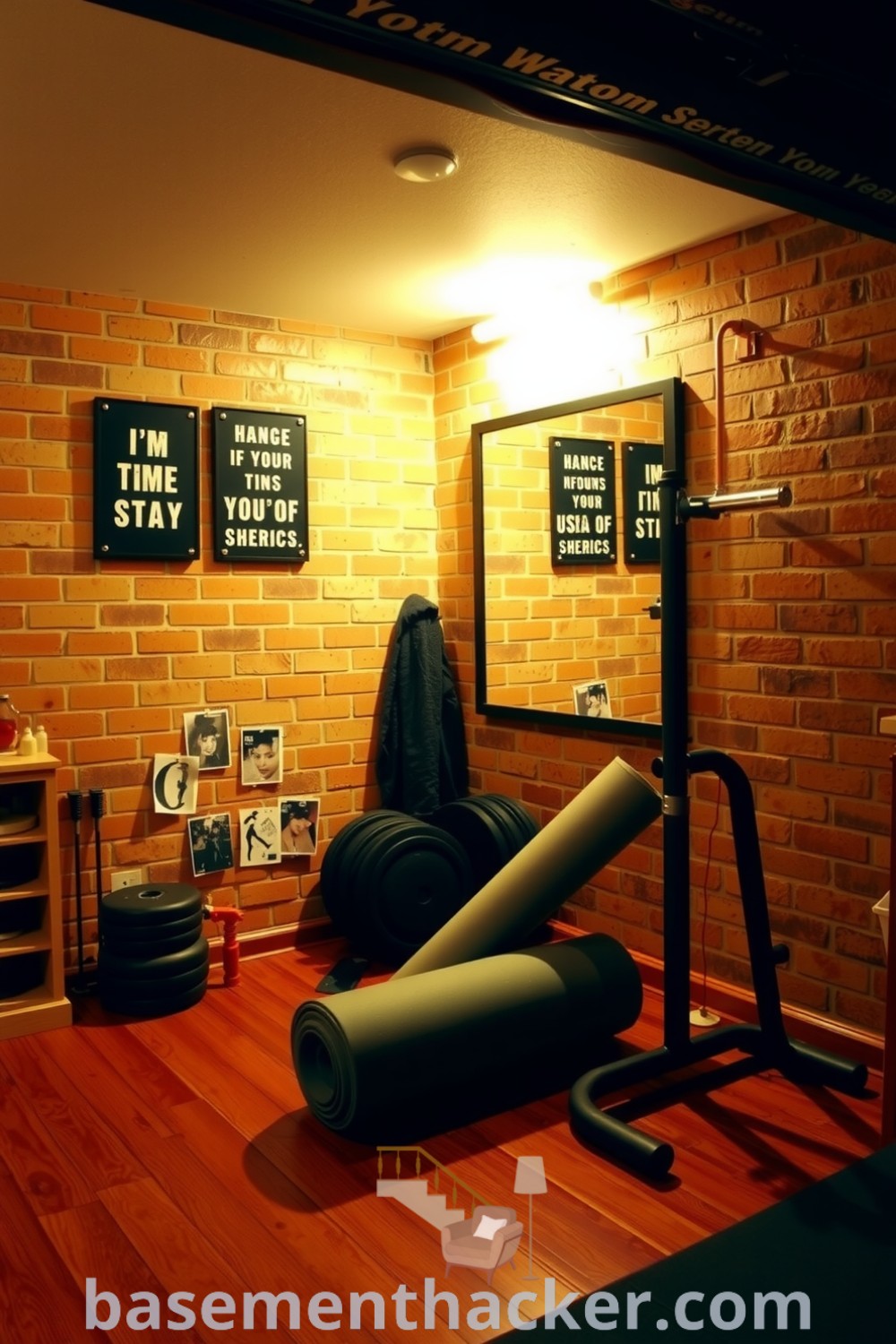 Stylish basement gym featuring rustic exposed brick walls, wooden floors, weights on a metal rack, a large mirror, and motivational quotes, perfect for a cozy and organized home ambiance, showcased on basementhacker.com.