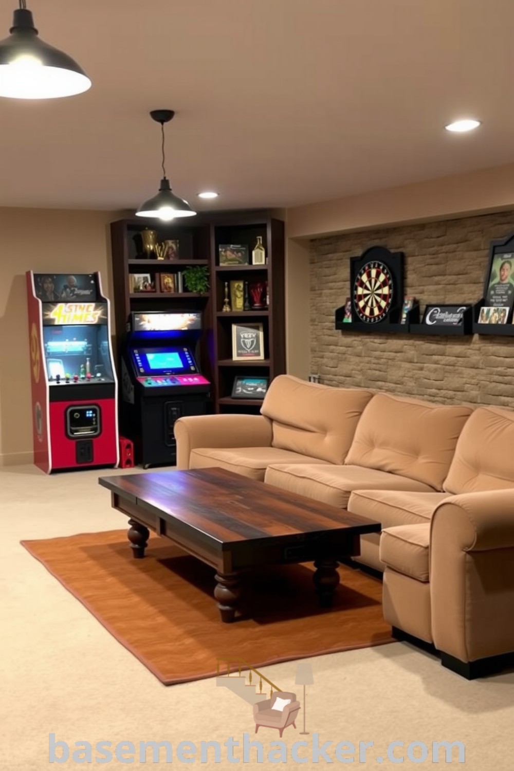 Charming basement game room featuring a plush couch, vintage arcade machine, and decorative shelves with trophies, perfect for a cozy and organized home design, highlighted on basementhacker.com.