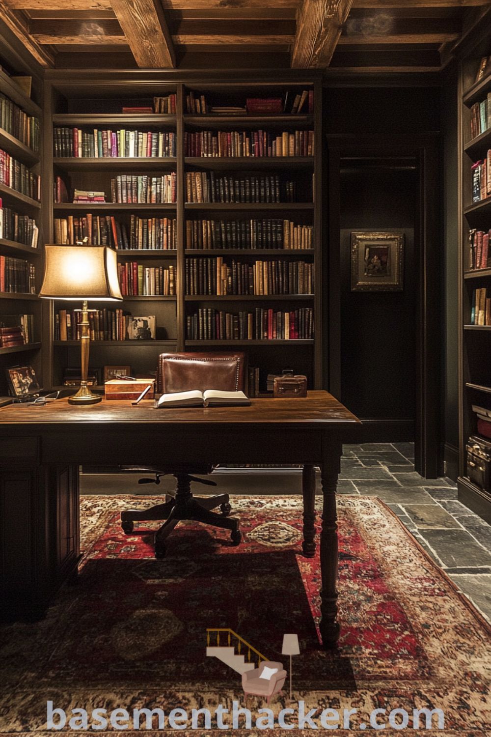 Sophisticated home office in a dimly lit basement featuring a wooden desk, antique brass lamp, soft rugs, and bookshelves filled with weathered tomes, ideal for creating a cozy and organized home, showcased on basementhacker.com.