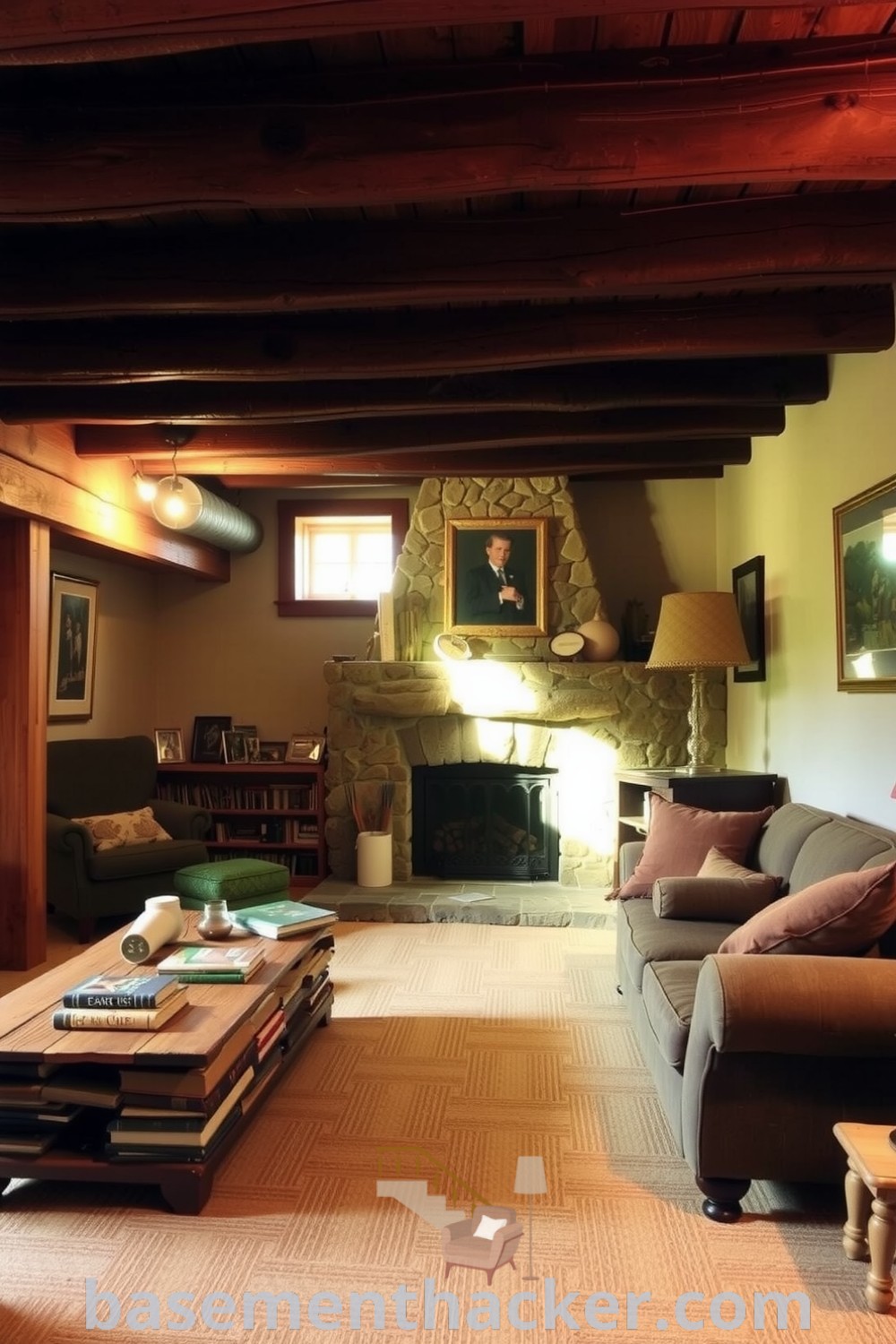 Welcoming basement living room with rustic wooden beams, an oversized couch in earthy tones, weathered coffee table with books, and a cozy fireplace, offering ideas for a stylish and functional home design on basementhacker.com.