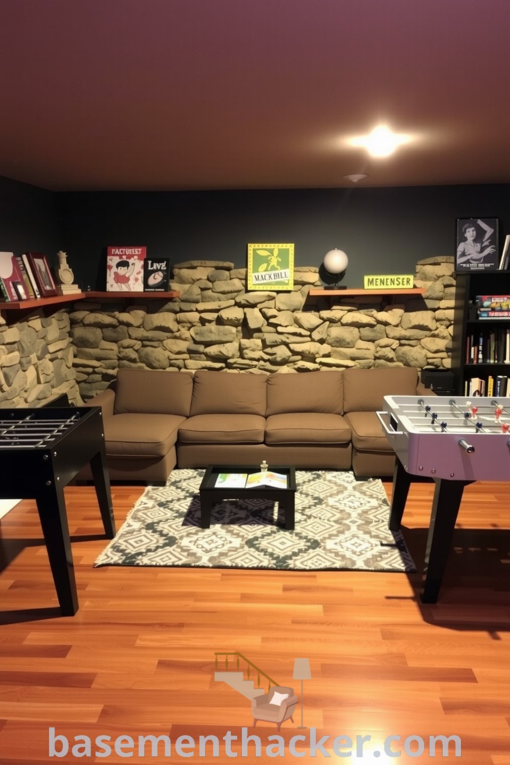 Warm and inviting basement game room featuring a plush sectional sofa, foosball table, polished wood floors, and decorative shelves for innovative basement makeover ideas, designed for ultimate entertaining, highlighted on basementhacker.com.